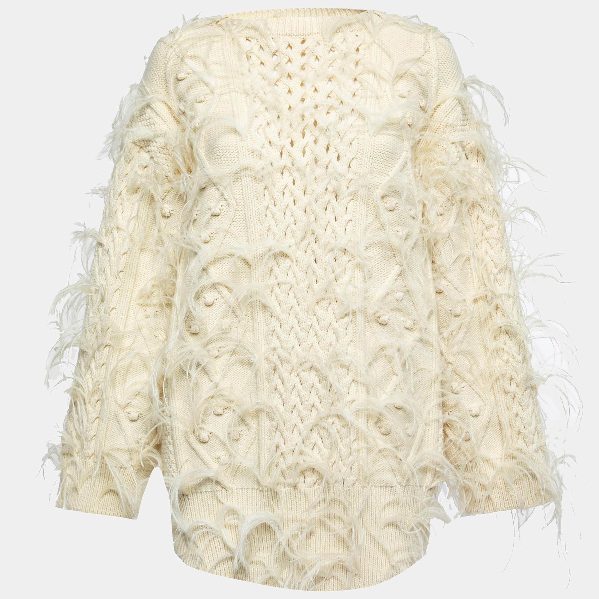 Pre Owned Valentino Cream Wool Knit Feather Embellished Long Sleeve Jumper M
