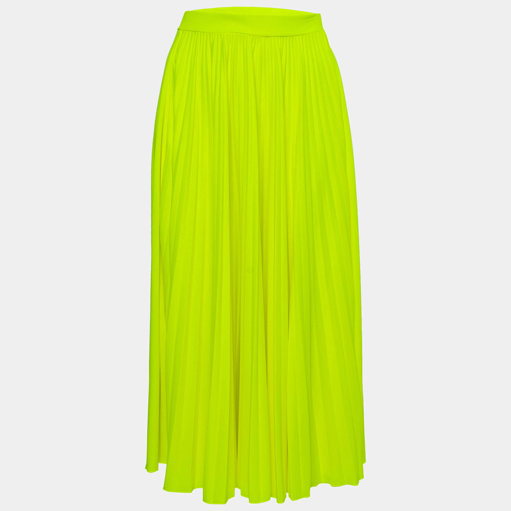 Pre Owned Valentino Neon Yellow Jersey Pleated Logo Print Skirt S