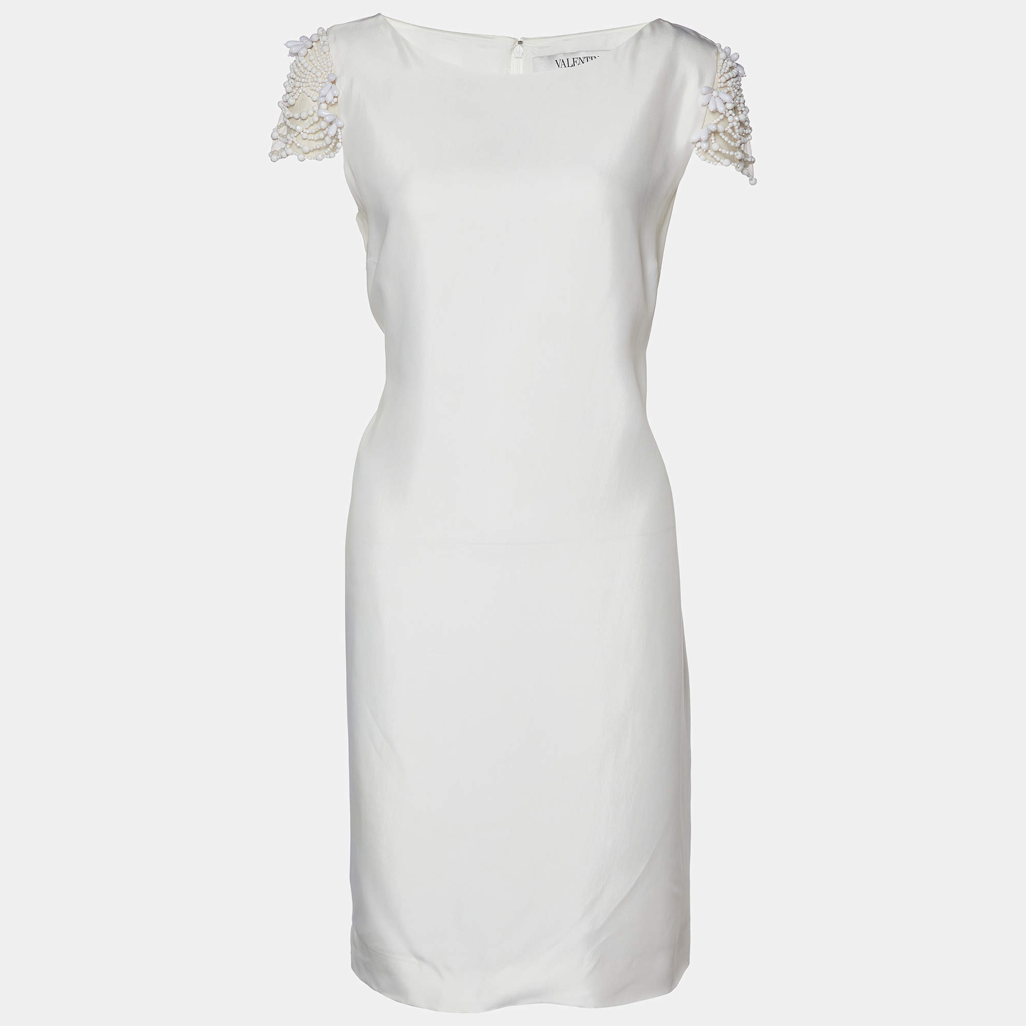 Pre Owned Valentino White Crepe Embellished Sleeve Shift Dress L