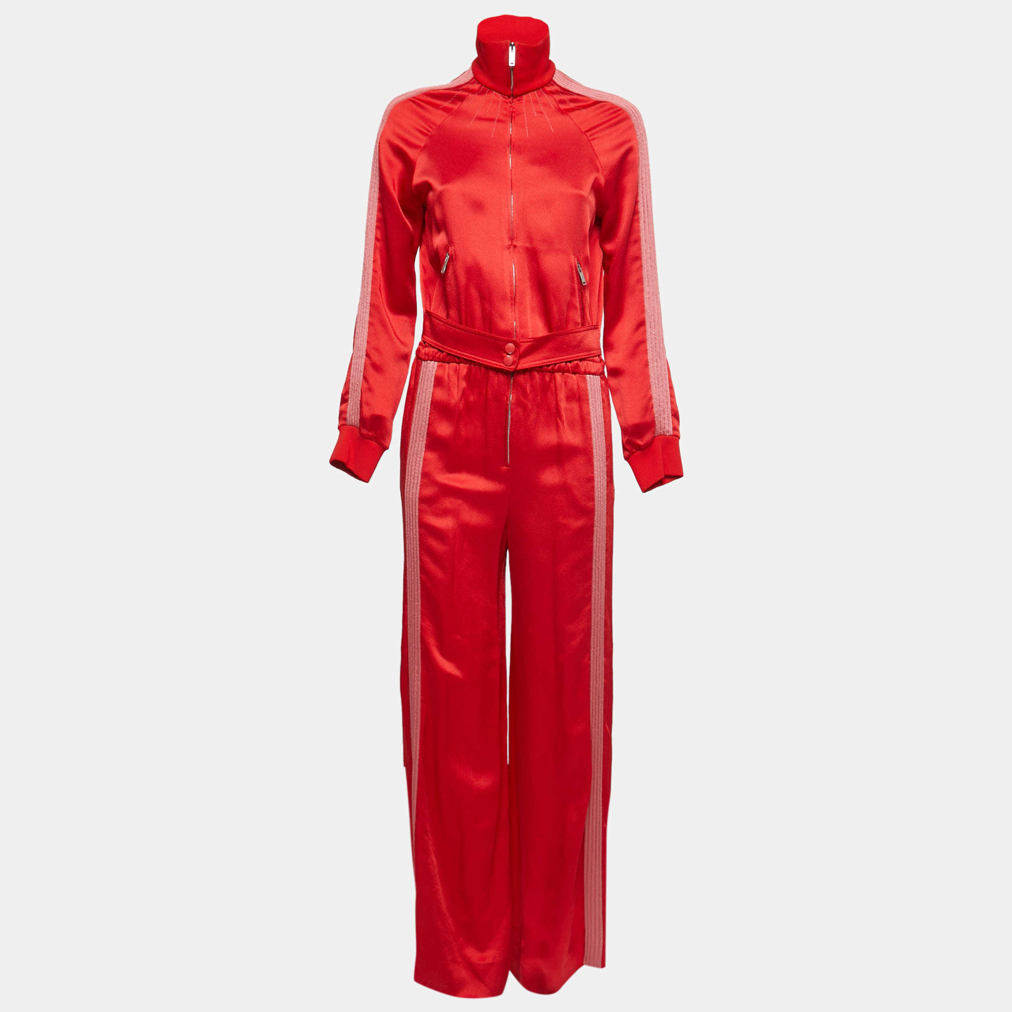 Valentino Red Satin Crepe Pleated Stripe Detail Jumpsuit S