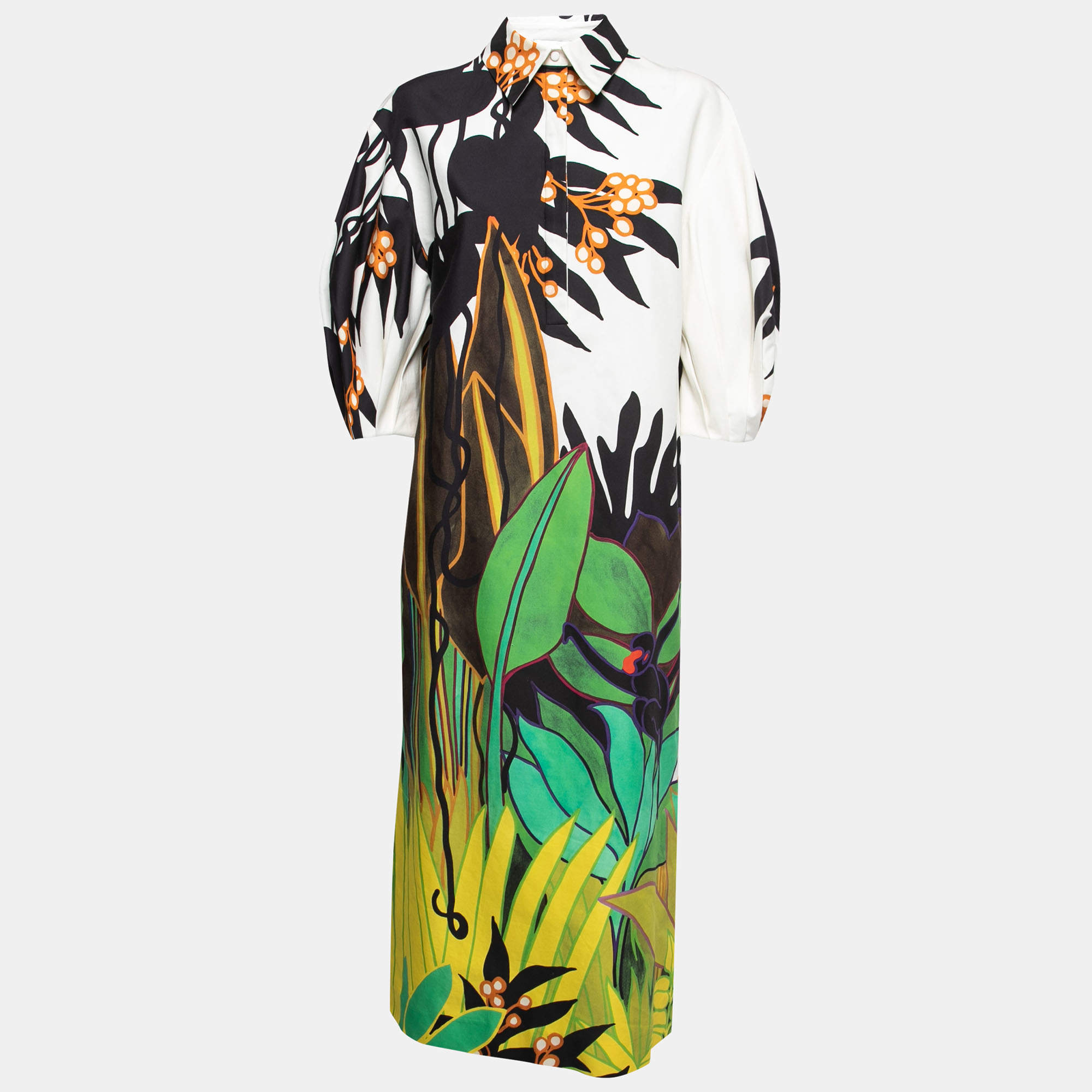 Pre Owned Valentino White Jungle Print Cotton Puff Sleeve Long Dress S