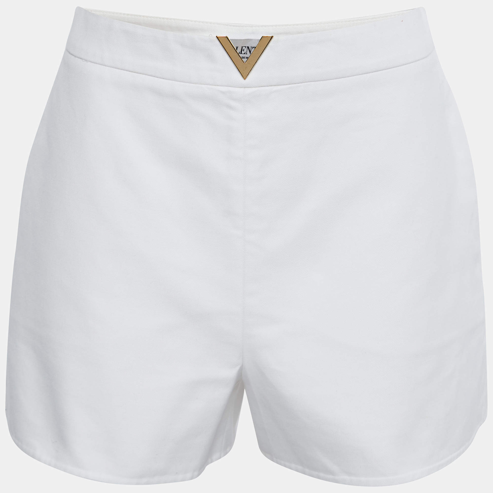 Pre Owned Valentino White Cotton V-Logo Appliqued Shorts M