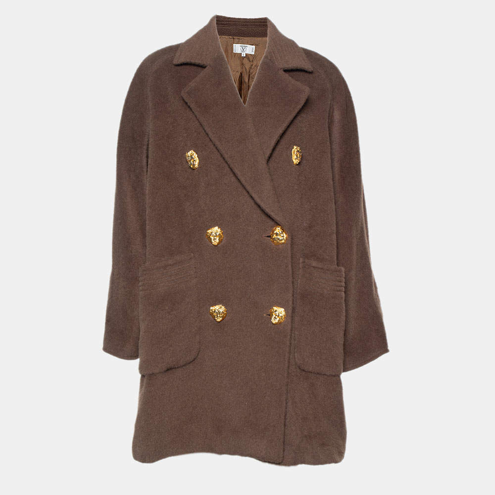 Valentino Miss V Brown Alpaca & Wool Double Breasted Oversized Coat S