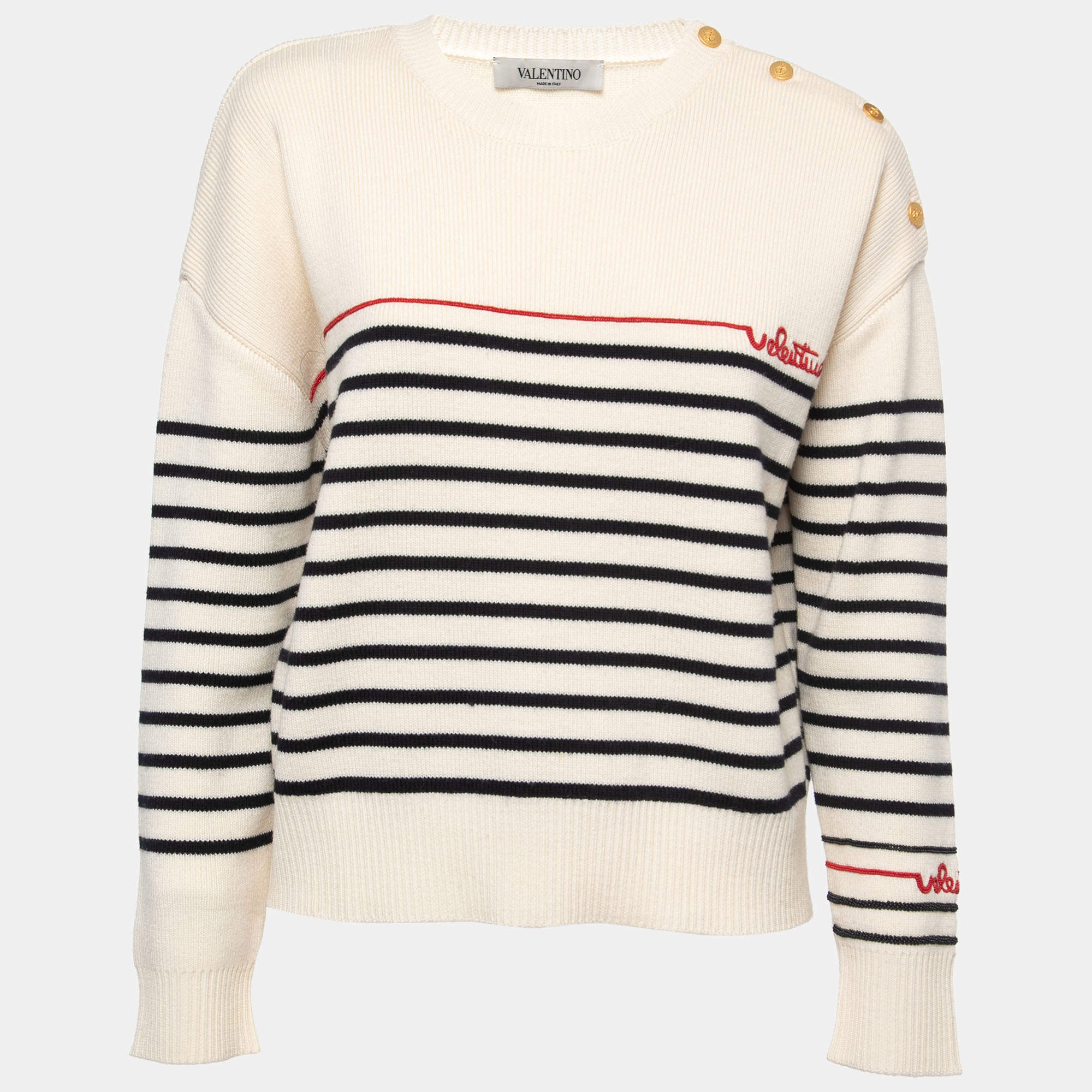 Pre Owned Valentino Cream Wool Stripe Long Sleeve Sweater S