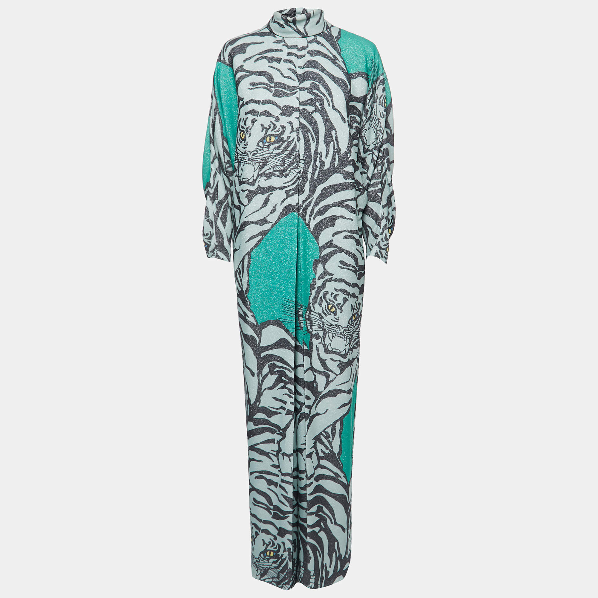 Pre Owned Valentino Green Tiger Print Crepe Wide Leg Jumpsuit M