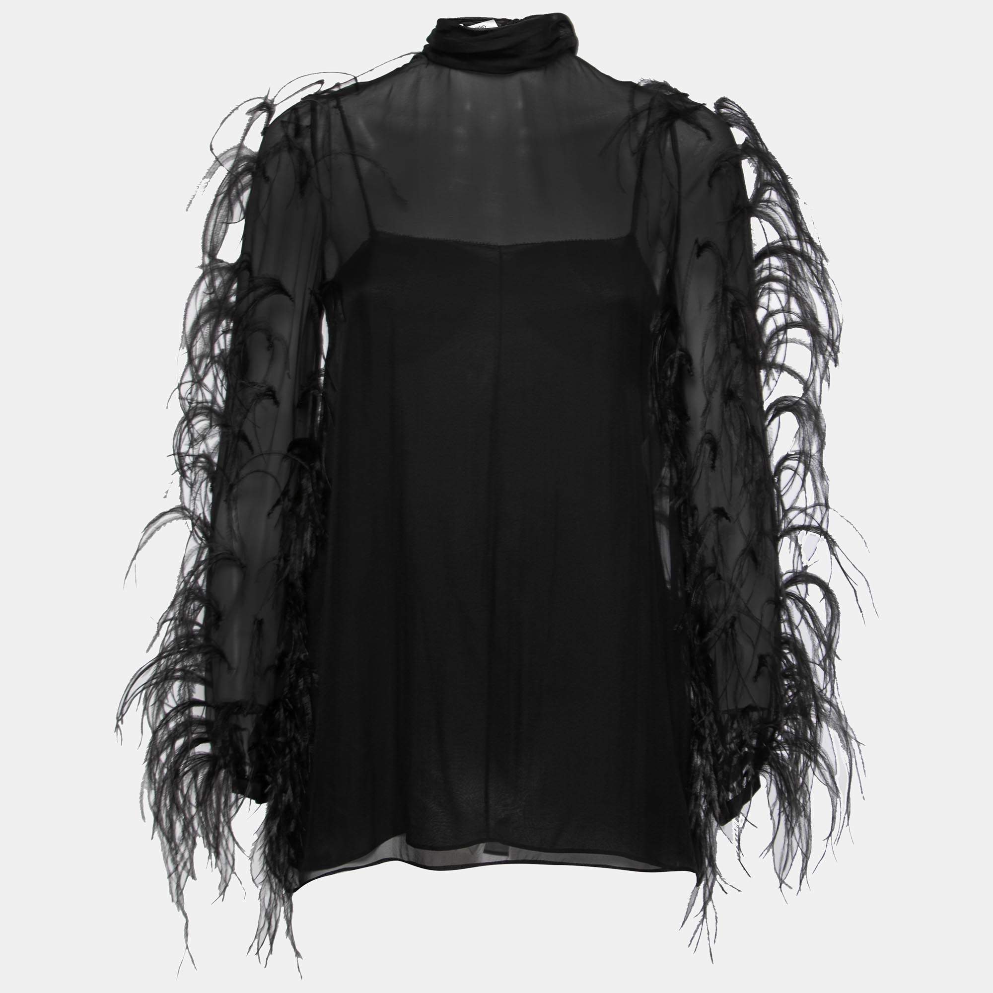 Valentino Black Silk Ostrich Feather Detail Sheer Tie Neck Blouse S