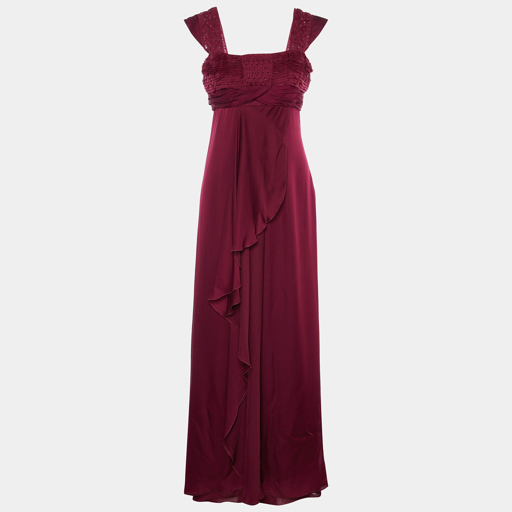 Pre Owned Valentino Burgundy Silk Smocked & Draped Maxi Dress M