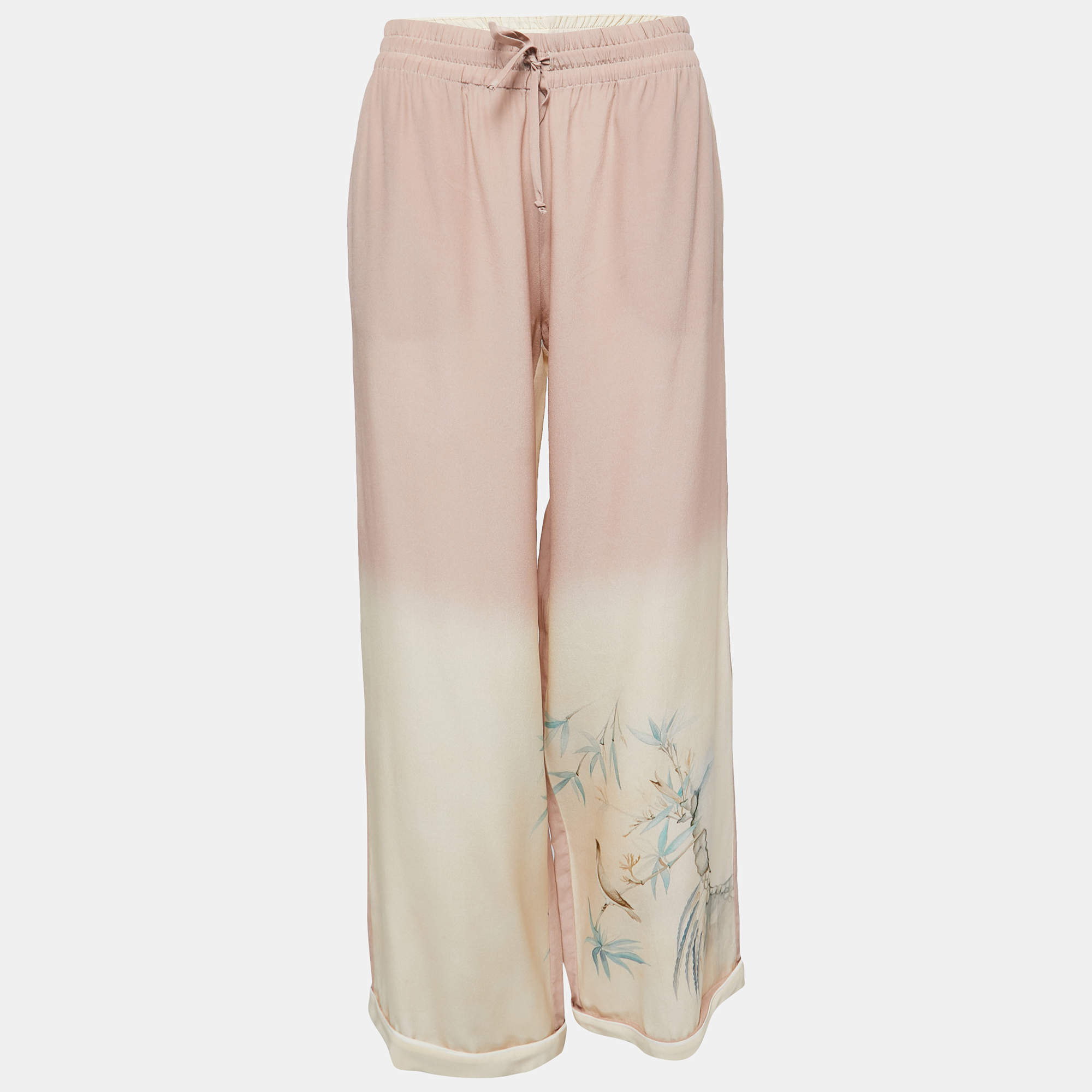 Valentino Pink Printed Silk Wide Leg Drawstring Pants M