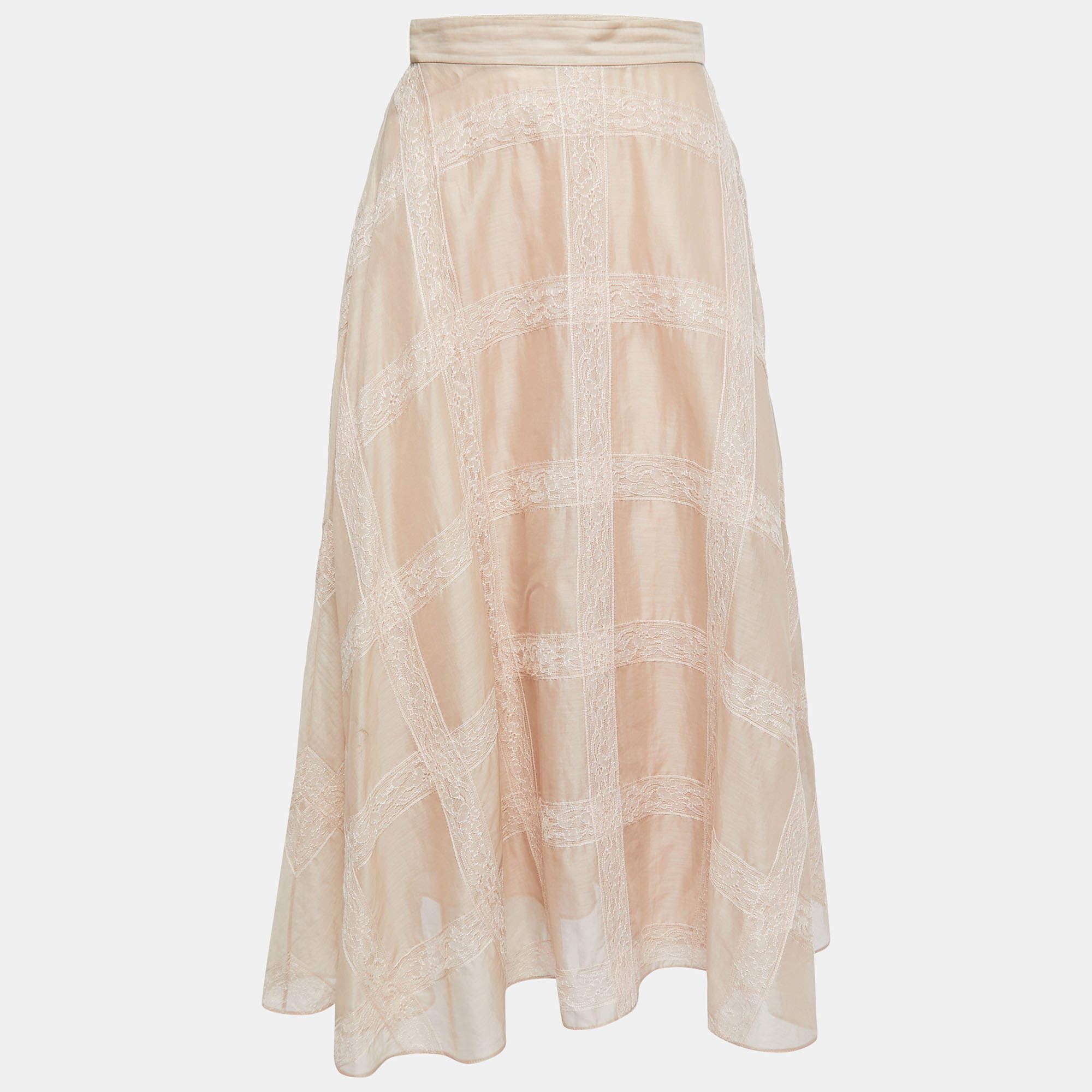 Pre Owned Valentino Beige Cotton and Lace Trimmed Midi Skirt S