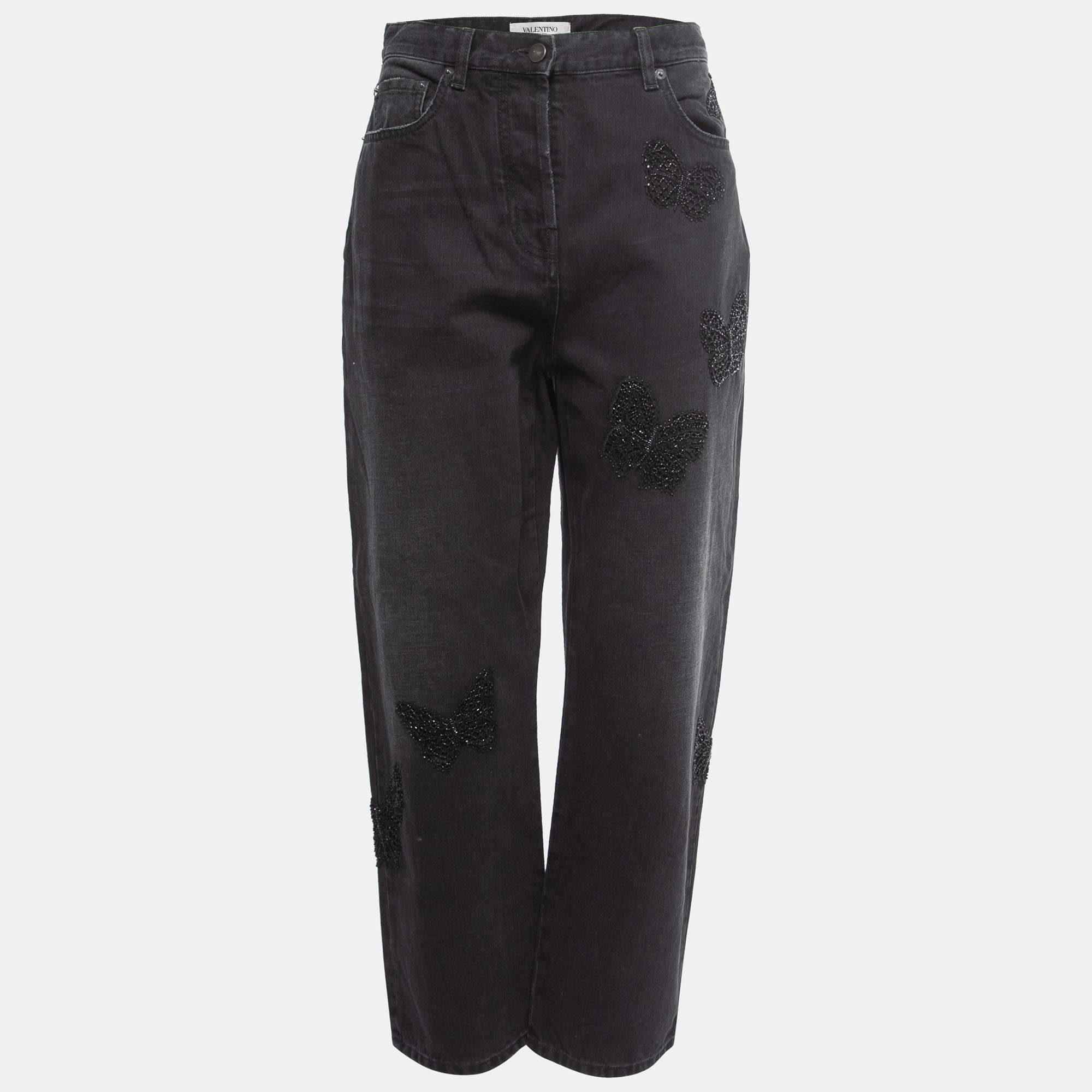 Pre Owned Valentino Black Butterfly Embroidered Denim Boyfriend Jeans M Waist 27"