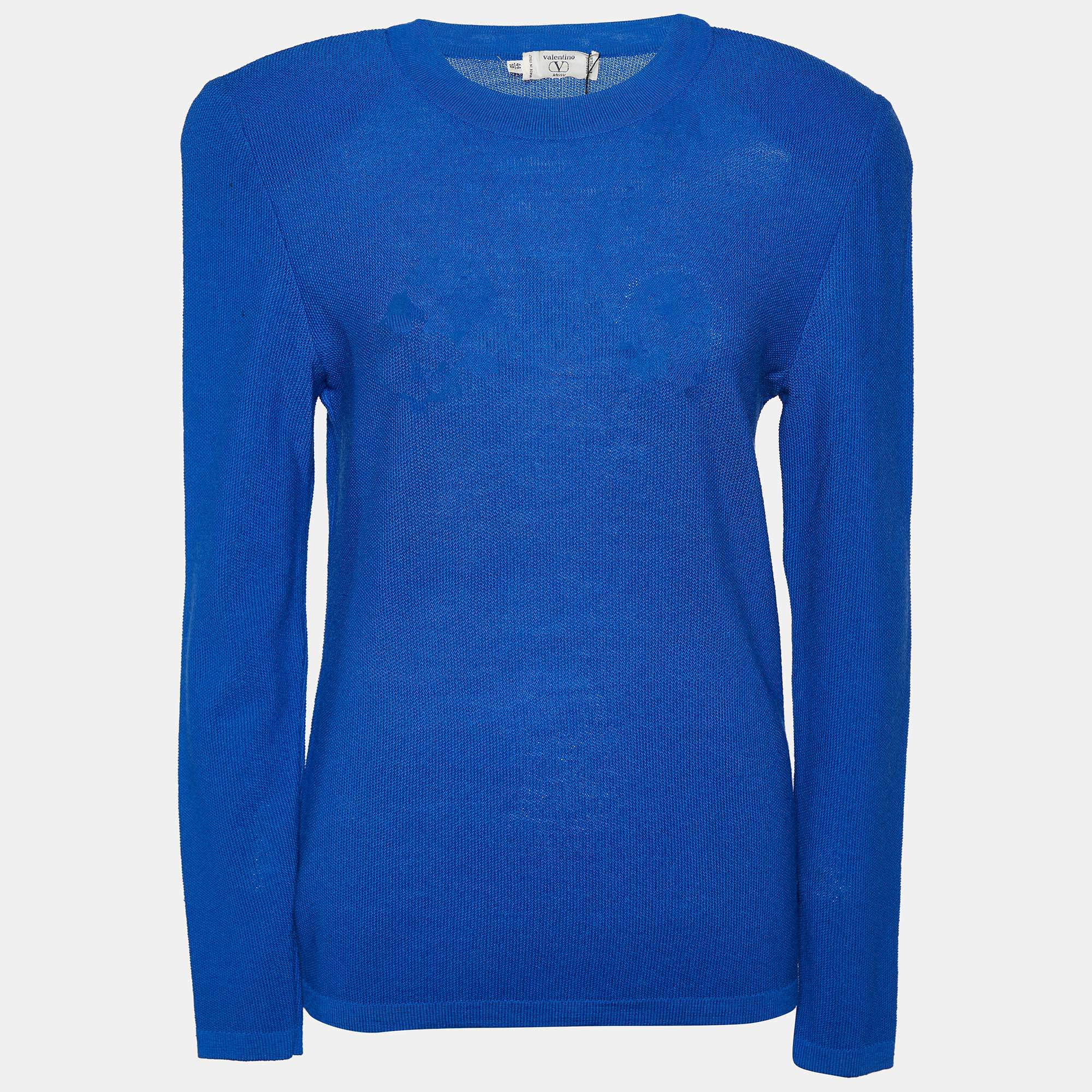 Pre Owned Valentino Miss V Blue Wool Pique Knit Crewneck Sweater M