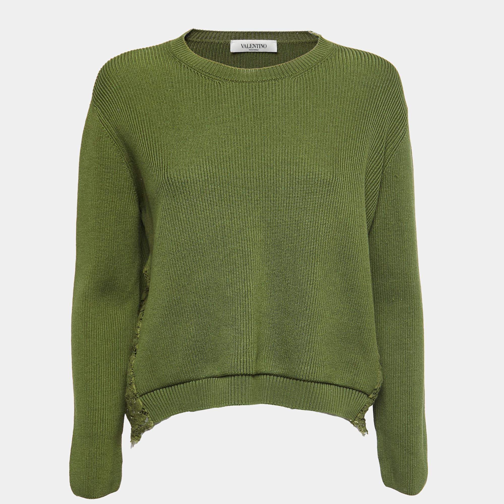 Pre Owned Valentino Green Cotton Knit Lace Trimmed Crew Neck Sweatshirt L