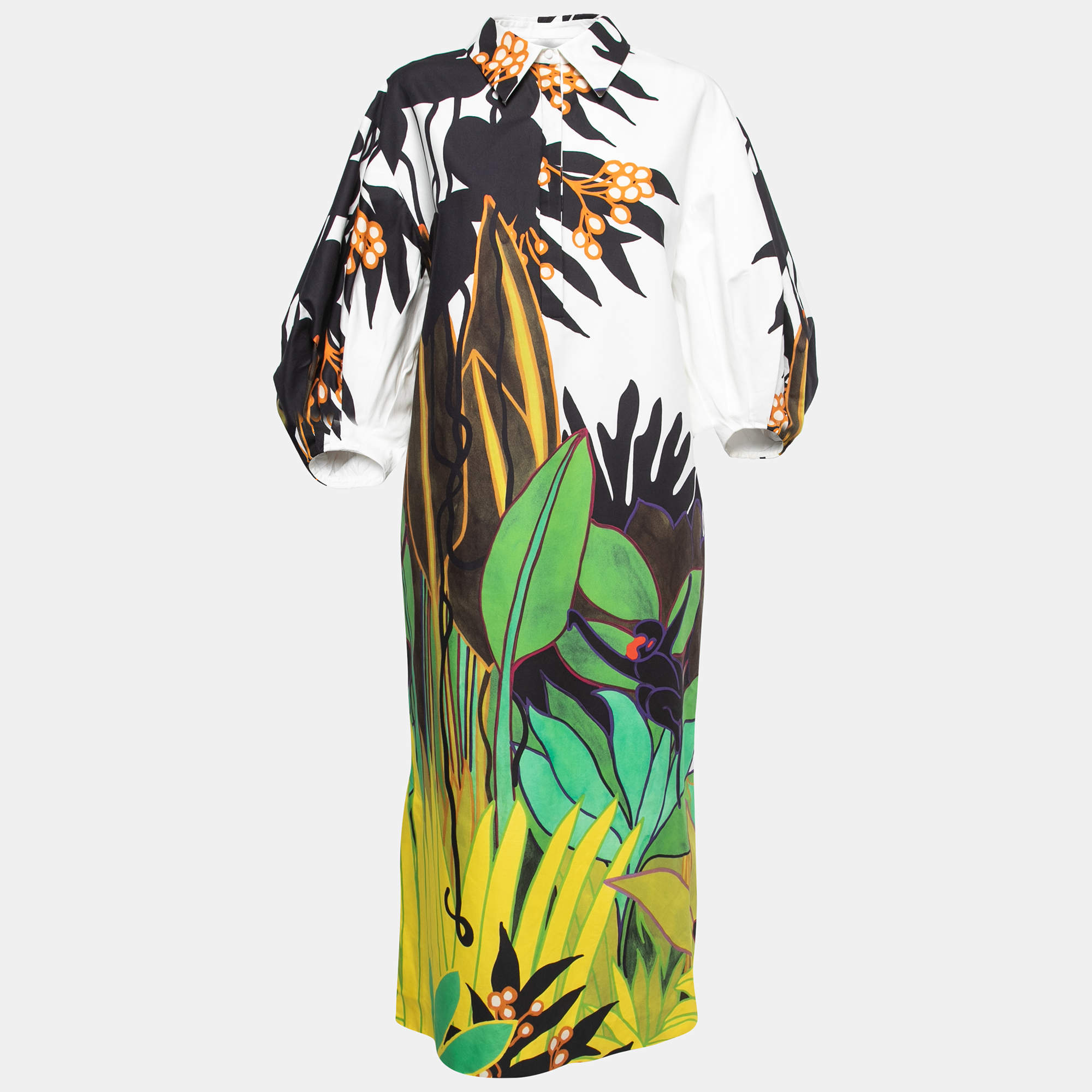 Pre Owned Valentino White Jungle Print Cotton Puff Sleeve Midi Dress M
