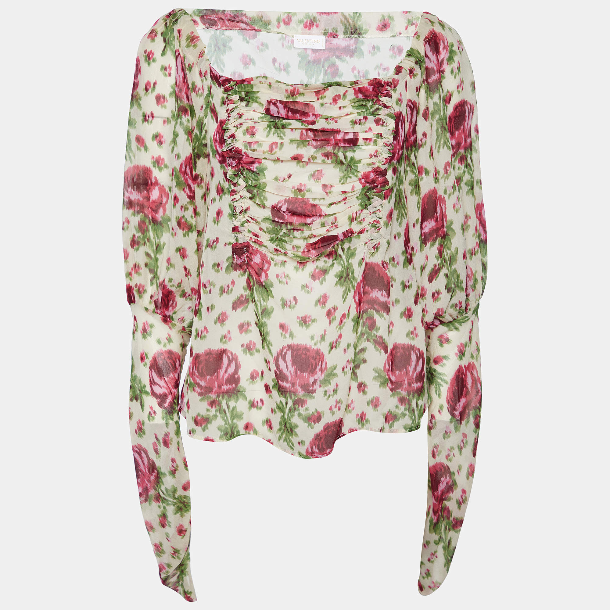 Valentino Beige Floral Printed Silk Chiffon Ruched Long Sleeve Top M