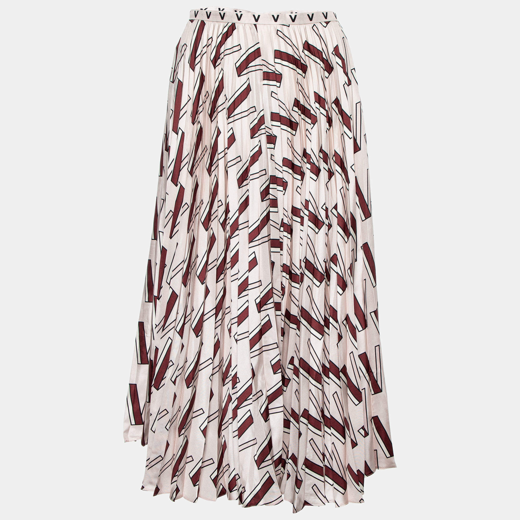 Pre Owned Valentino Pink Printed Silk Plisse Midi Skirt S