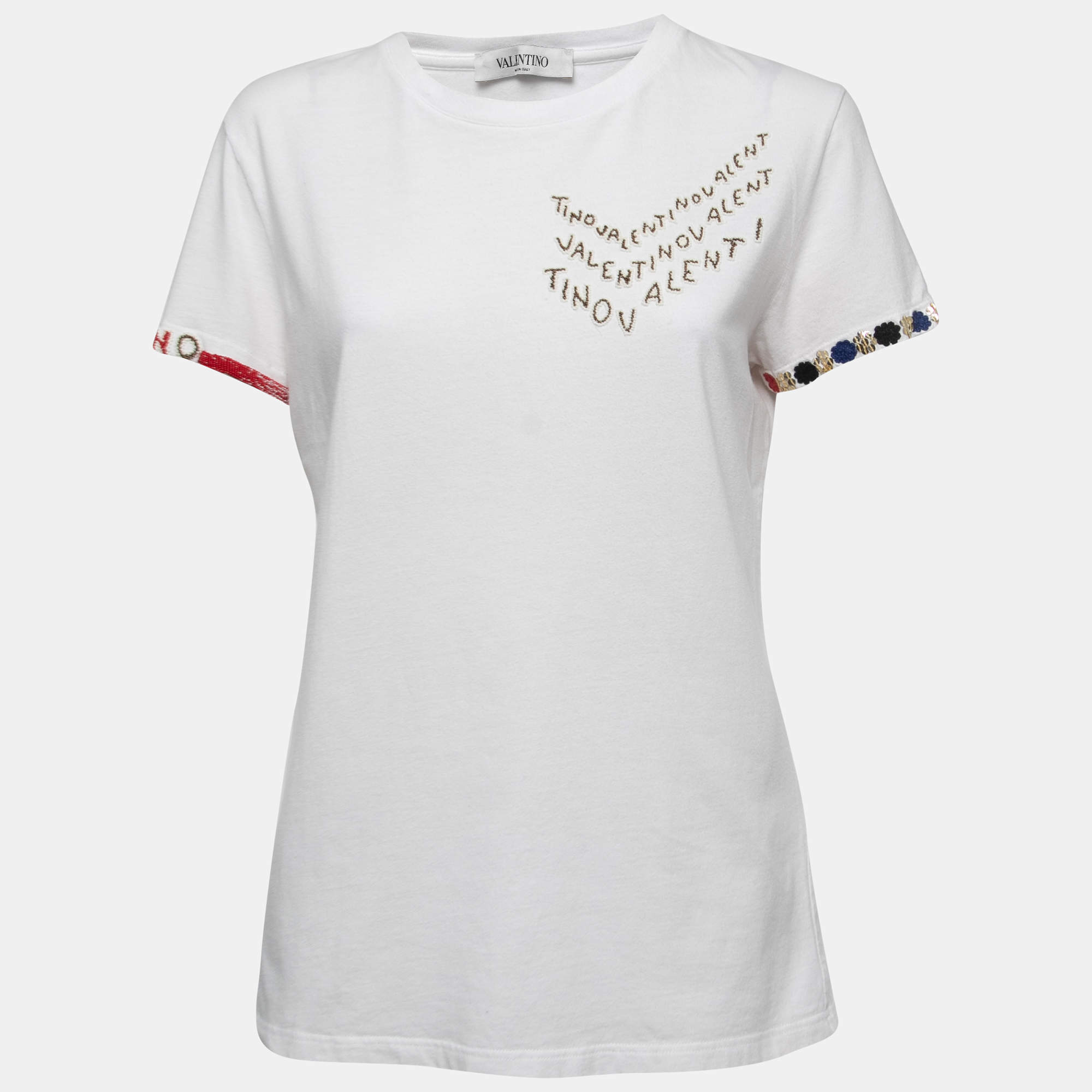 Pre Owned Valentino White Cotton Logo Embellished Crew Neck Short Sleeve T-Shirt L