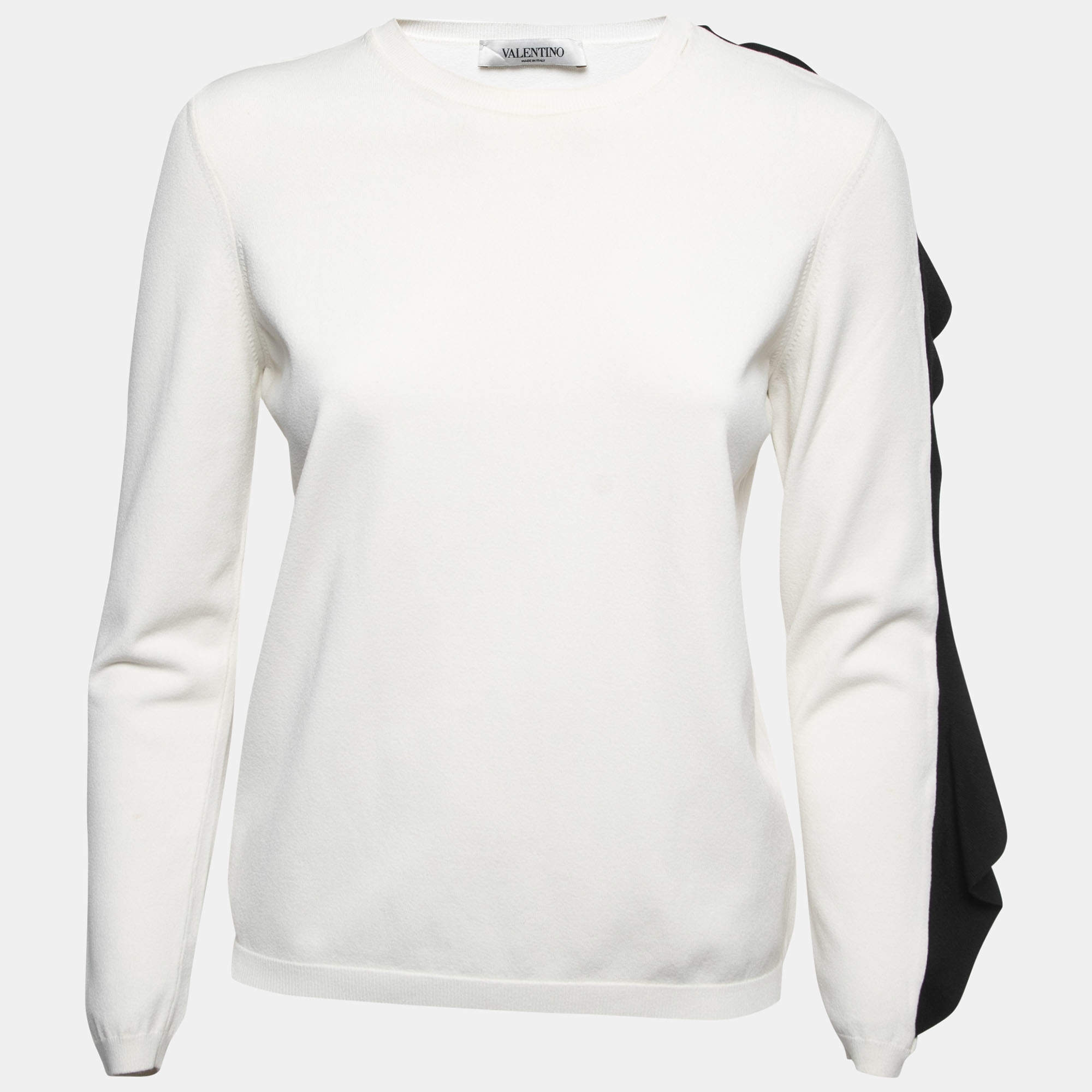 Valentino White Knit Contrast Frill Detail Sleeve Top L