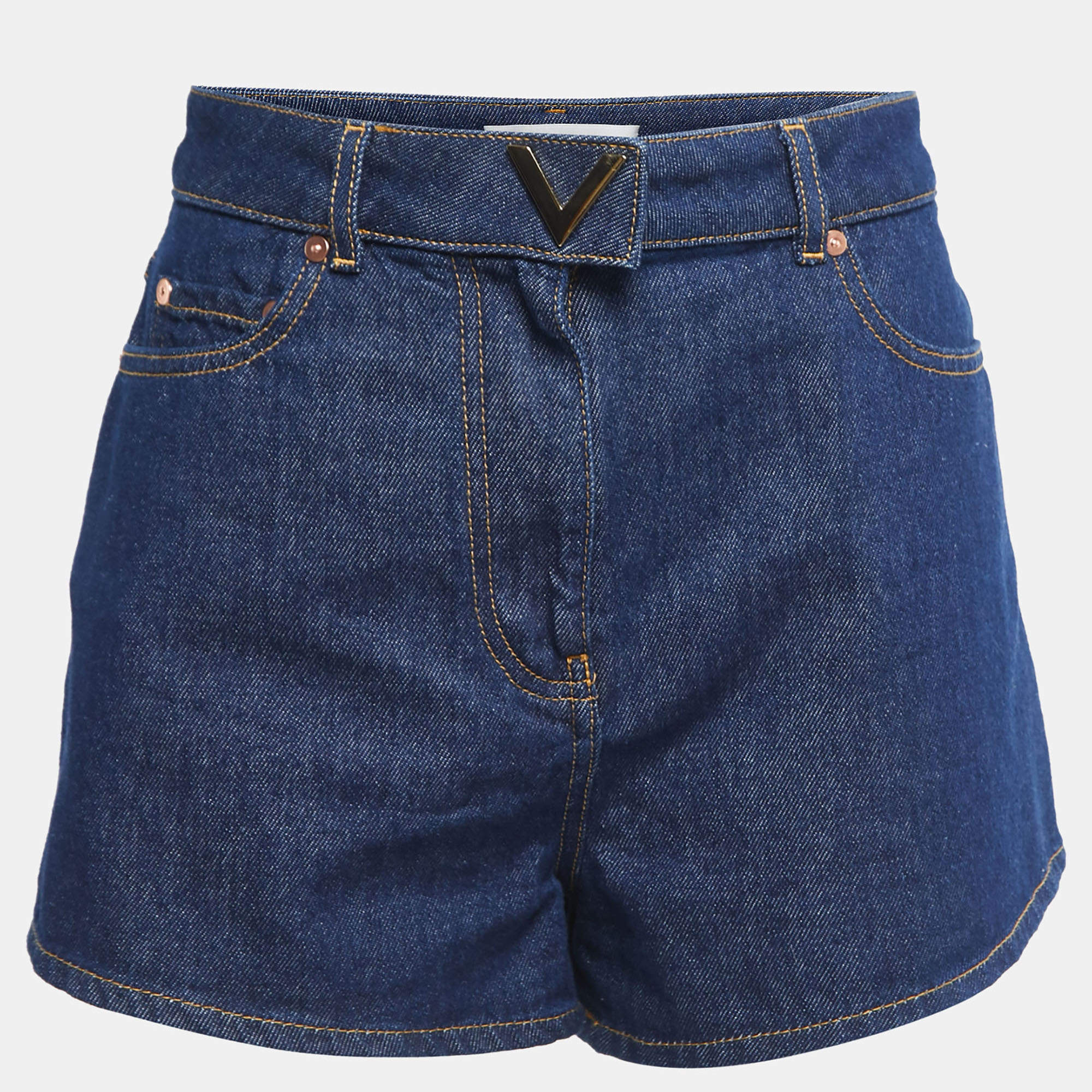 Valentino Blue Denim V Buckle High Waist Shorts S