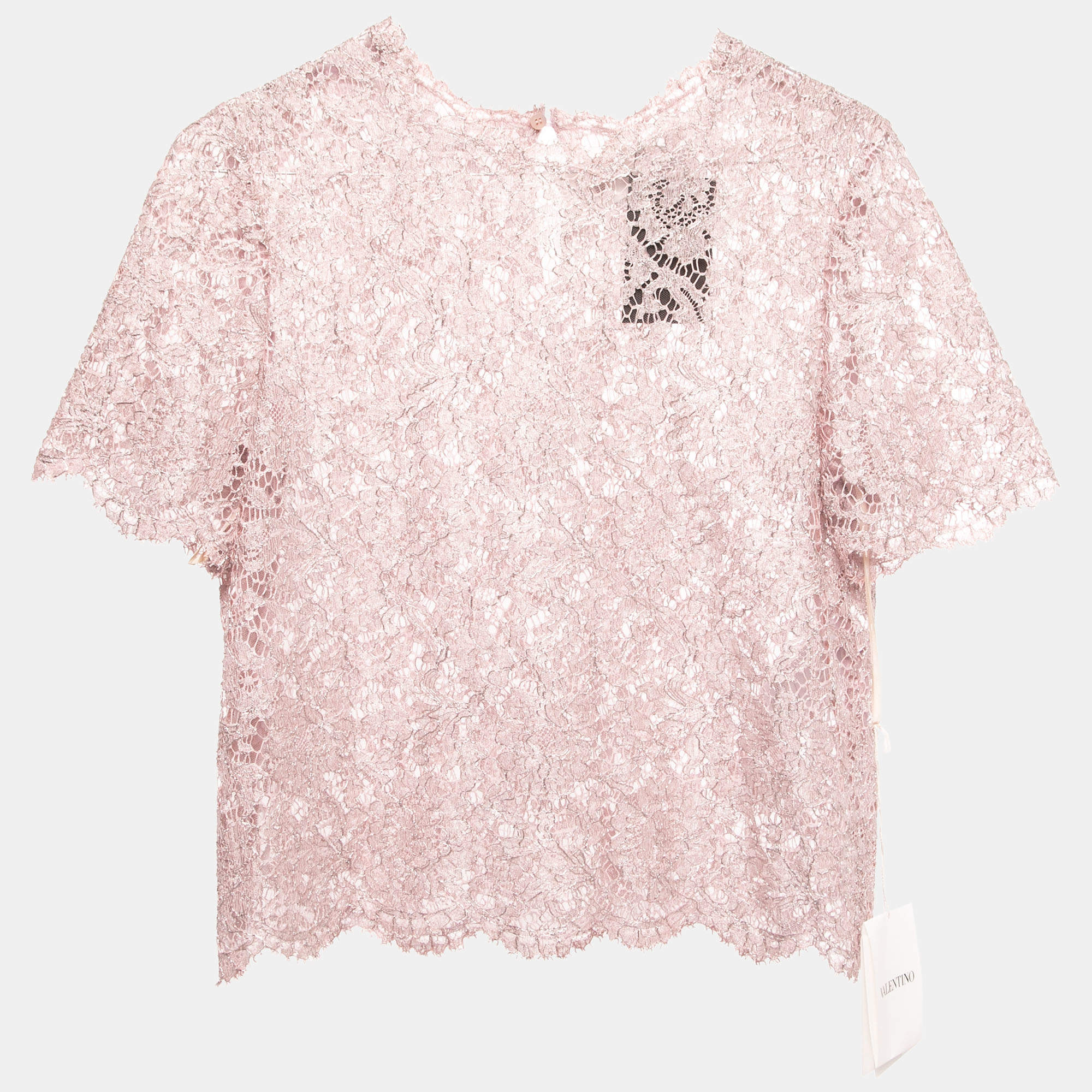 Pre Owned Valentino Light Pink Lace Half Sleeve Top M