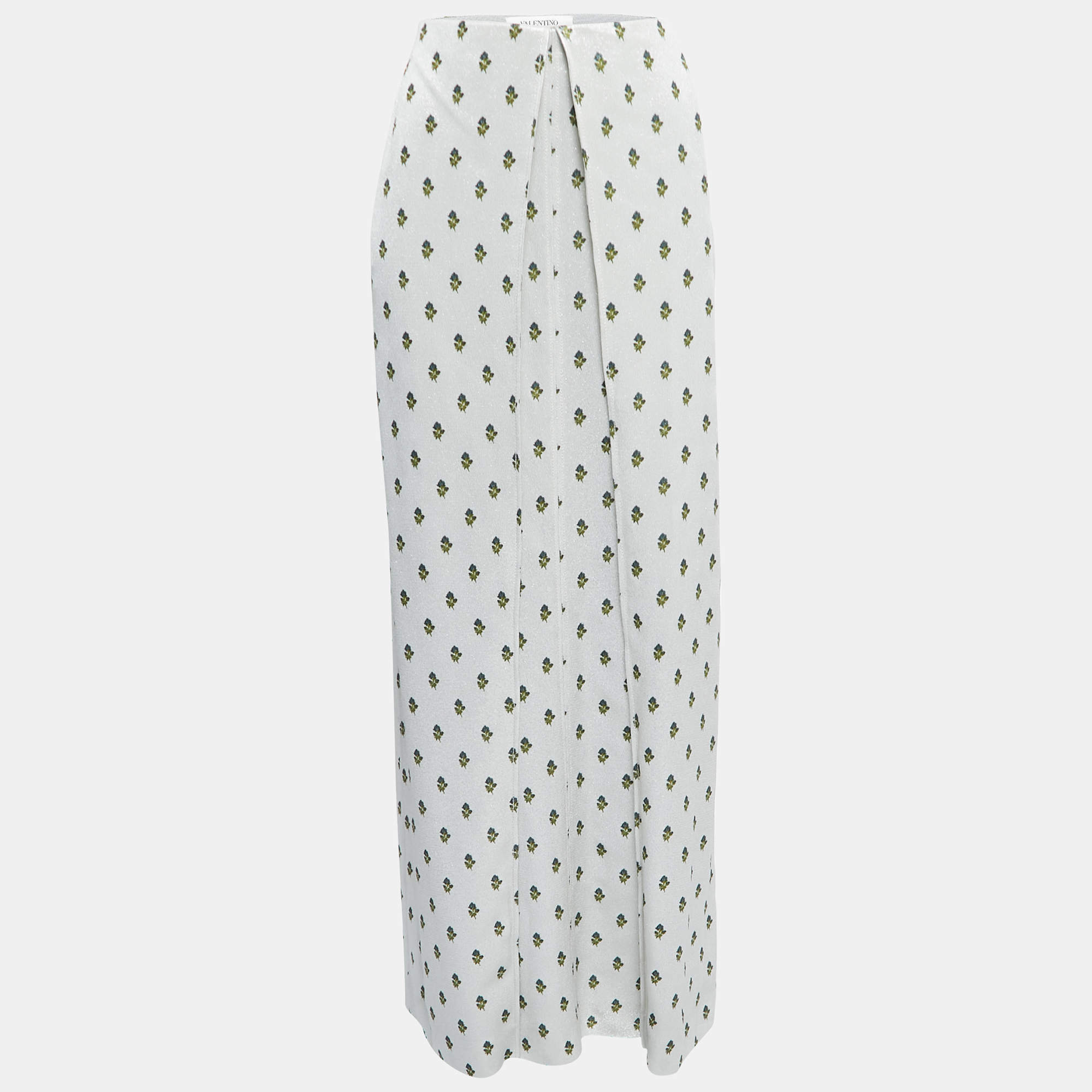 Valentino Metallic Silver Floral Print Crepe Layered Maxi Skirt S
