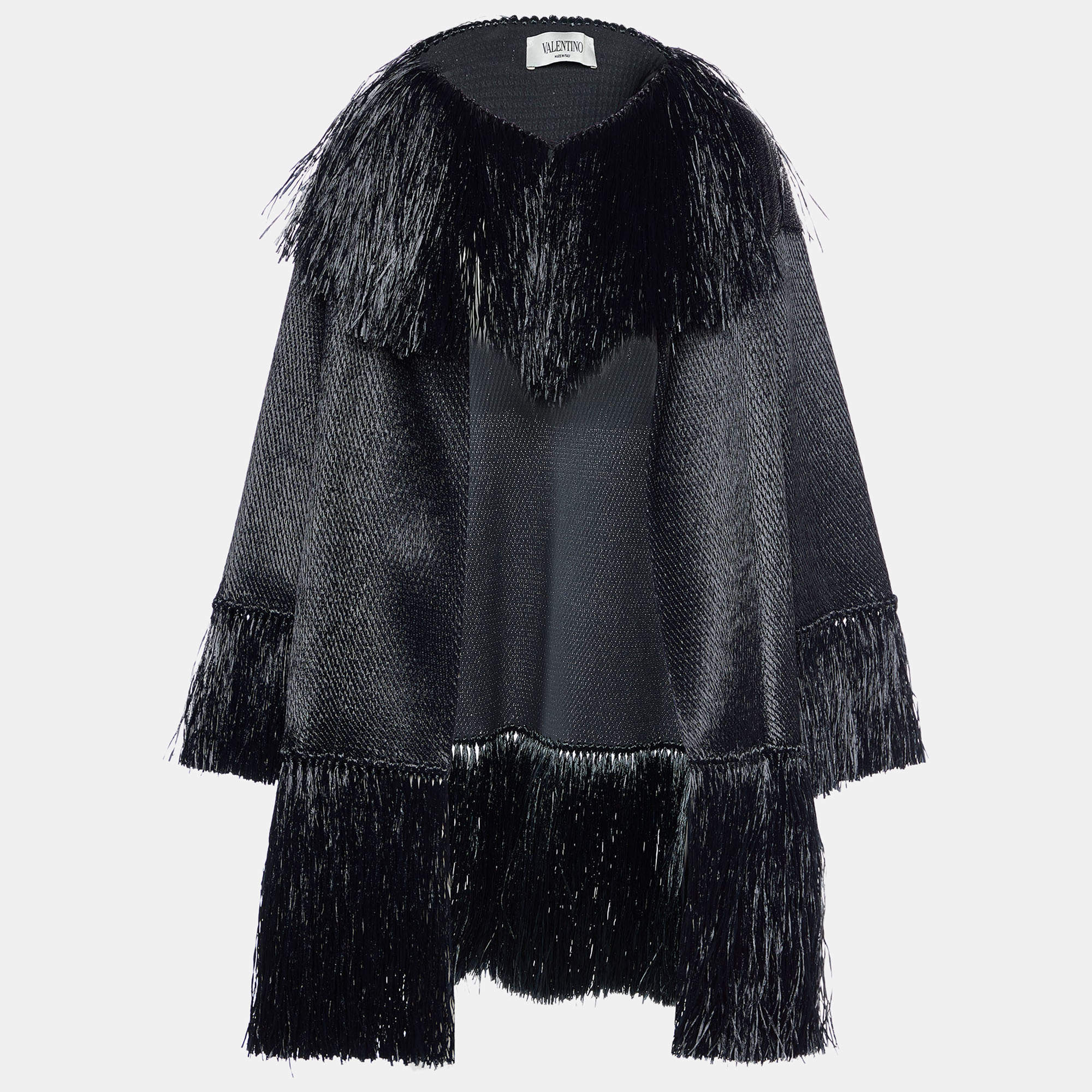 Valentino Black Synthetic Fringed Overcoat S