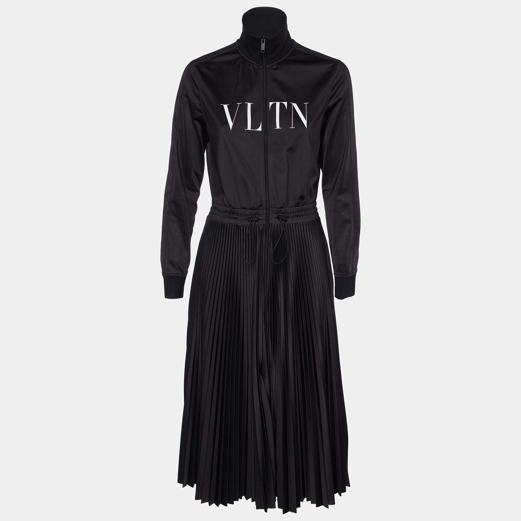 Pre Owned Valentino Black Jersey Plisse Midi Dress L