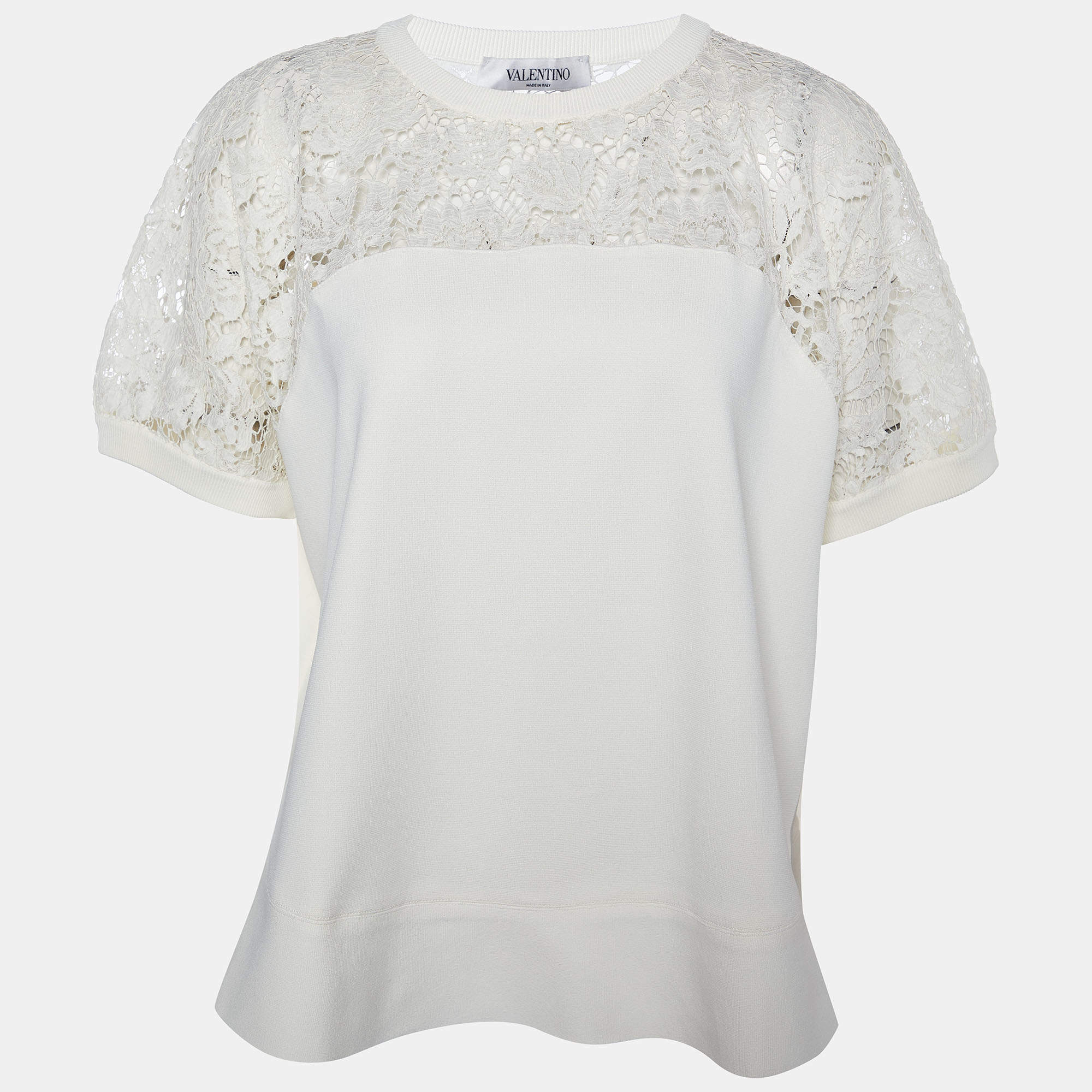 Pre Owned Valentino Off White Lace & Knit Paneled Oversized T-Shirt L