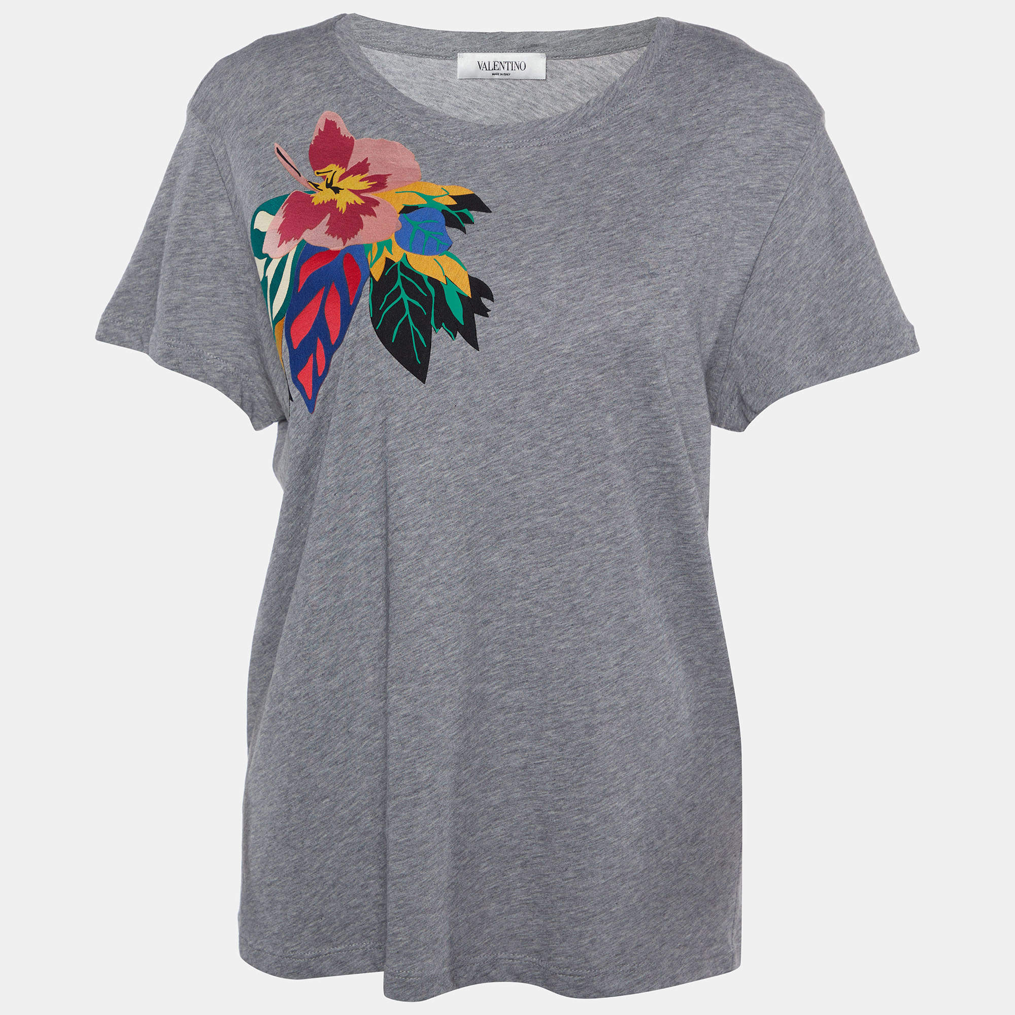 Pre Owned Valentino Grey Cotton Knit Floral Patch Detail T-Shirt XL