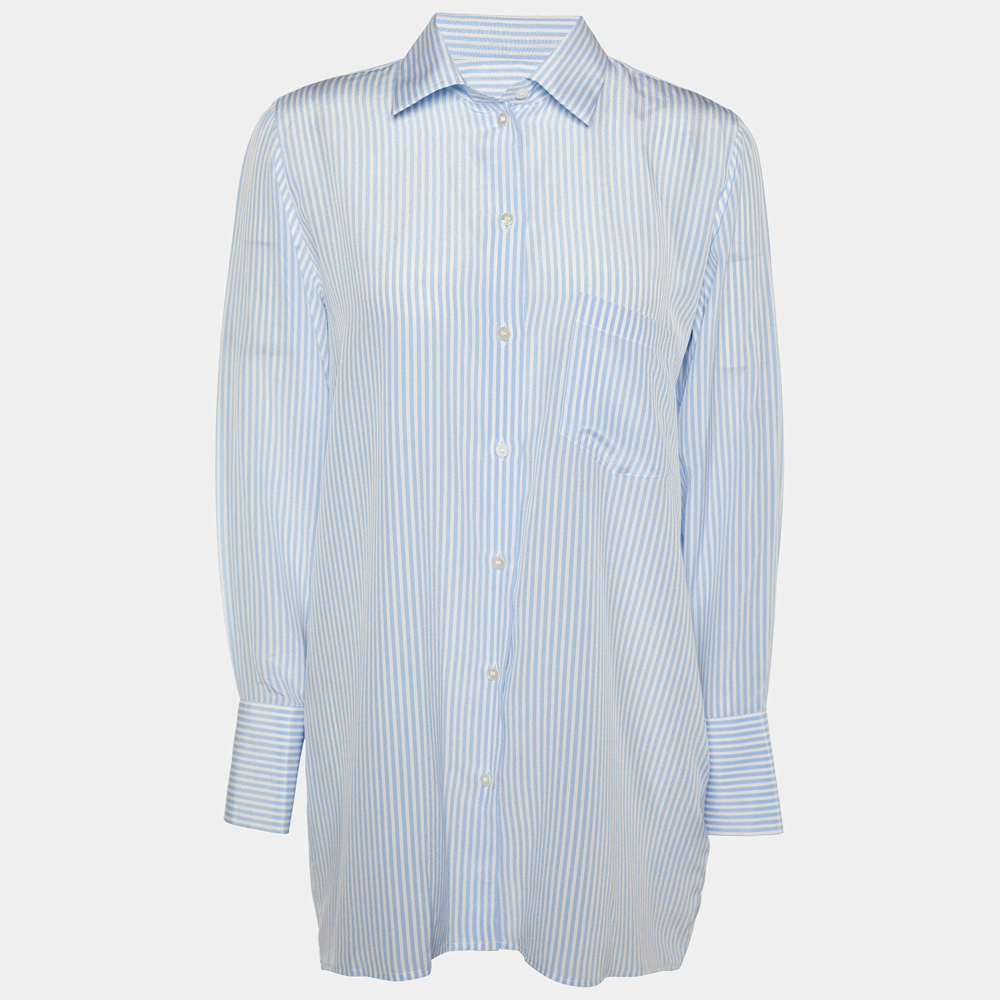 Pre Owned Valentino Blue & White Striped Silk Button Front Shirt L
