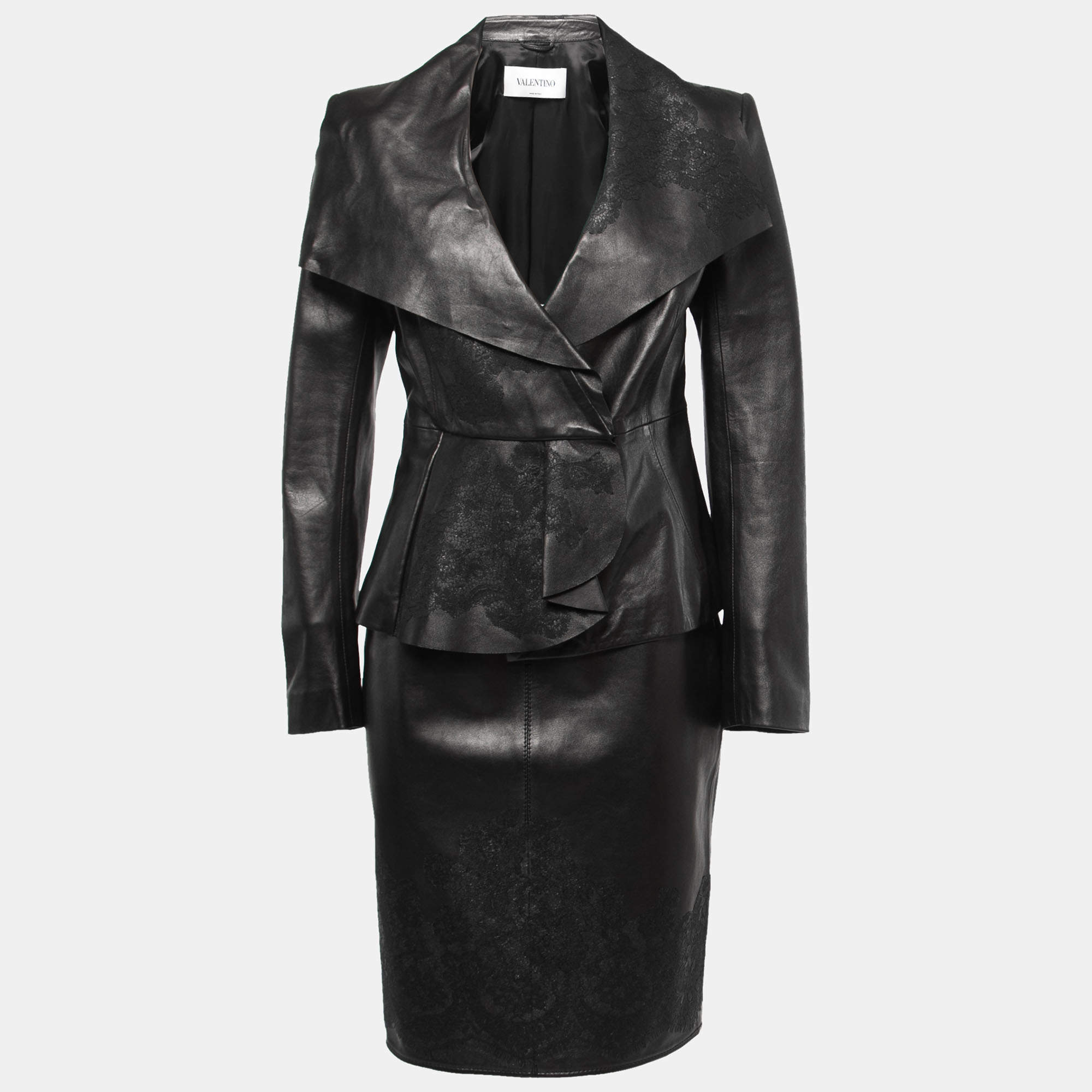 Pre Owned Valentino Black Leather Lace Trimmed Jacket Skirt Set L/M