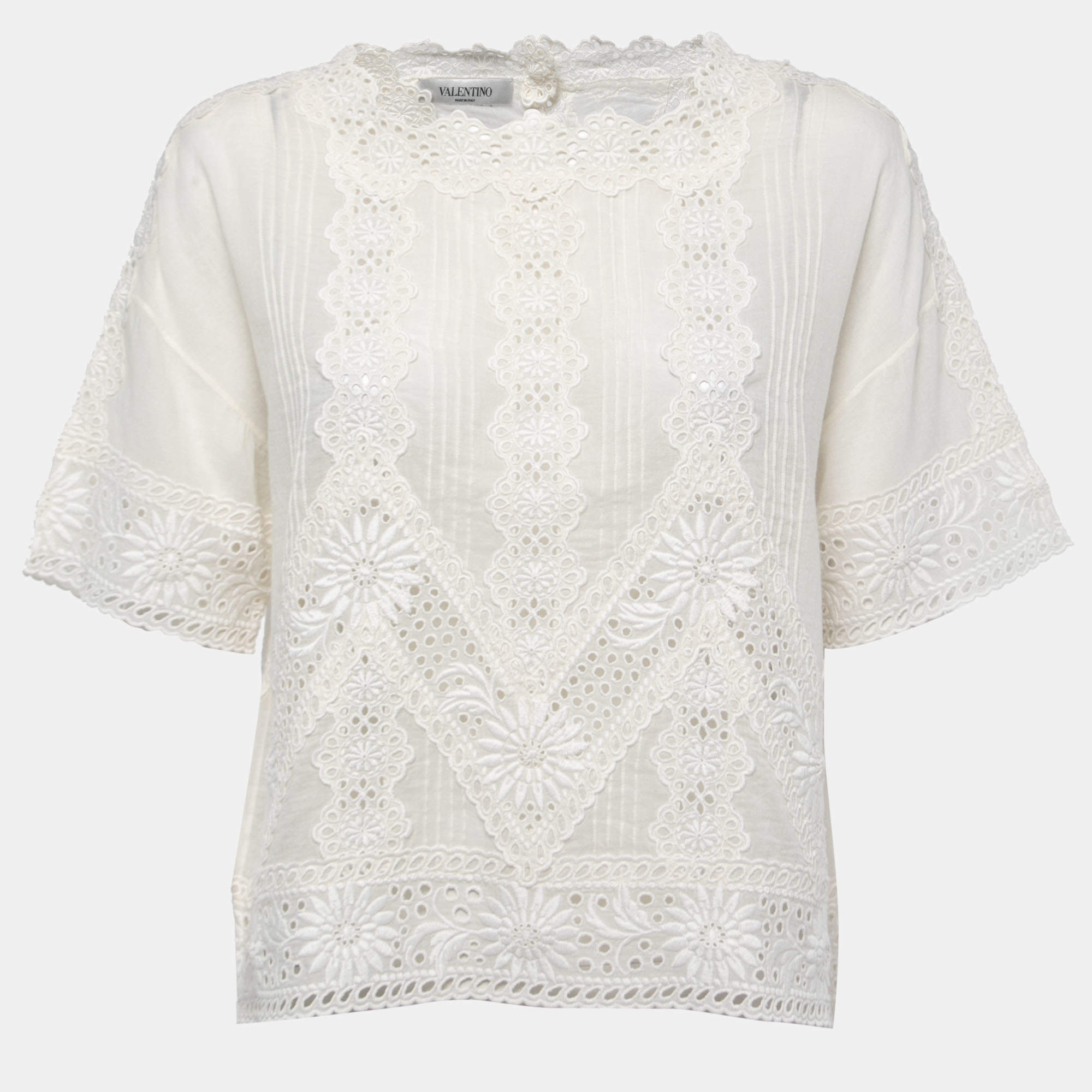 Pre Owned Valentino Cream Cotton & Lace Trim Top L