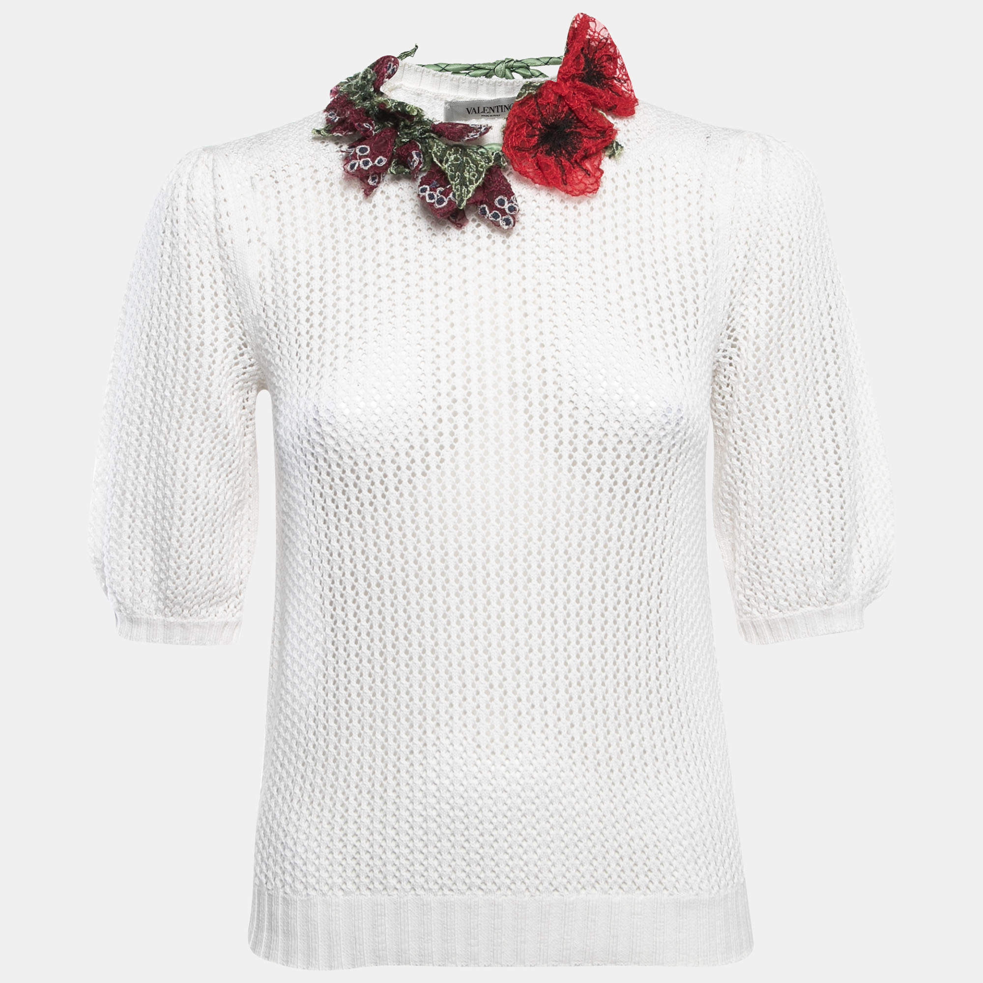 Pre Owned Valentino White Crochet Knit Embroidered Collar Top S