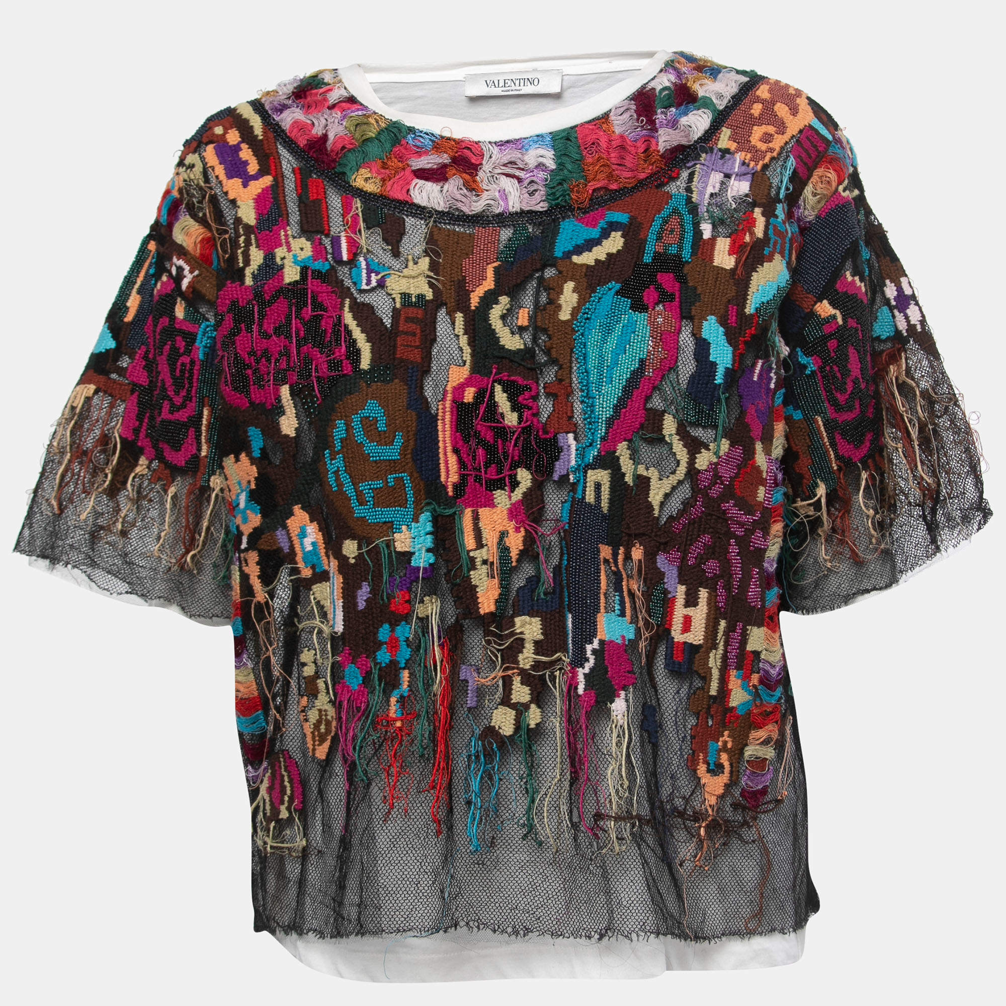 Pre Owned Valentino Multicolor Knit Crew Neck Half Sleeve Blouse M