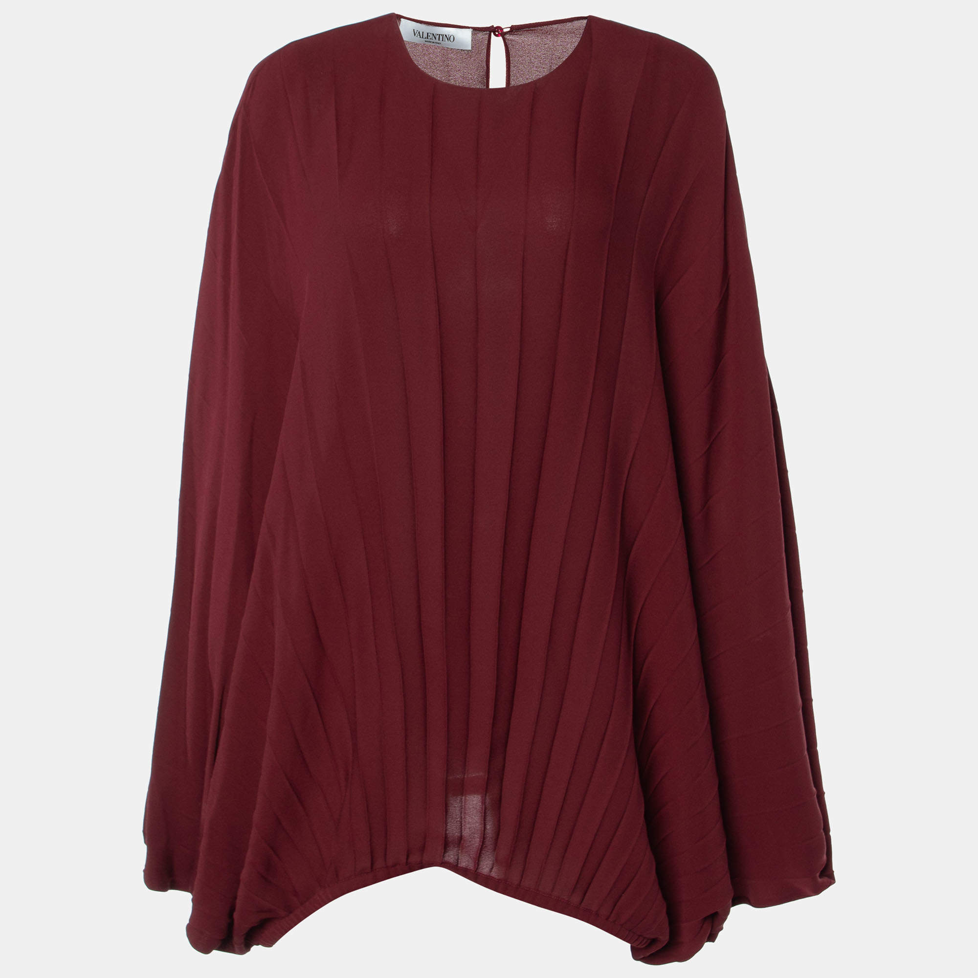 Pre Owned Valentino Burgundy Plisse Silk Butterfly Sleeve Top L