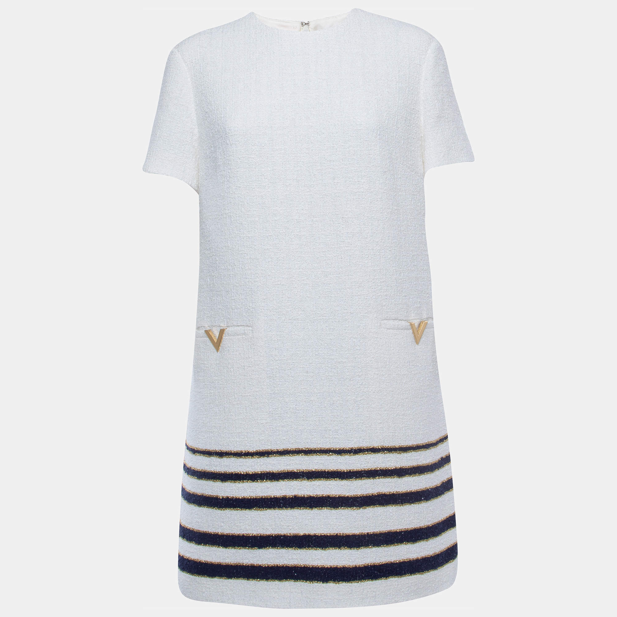 Pre Owned Valentino White/Blue Striped Patterned Tweed Shift Dress XL
