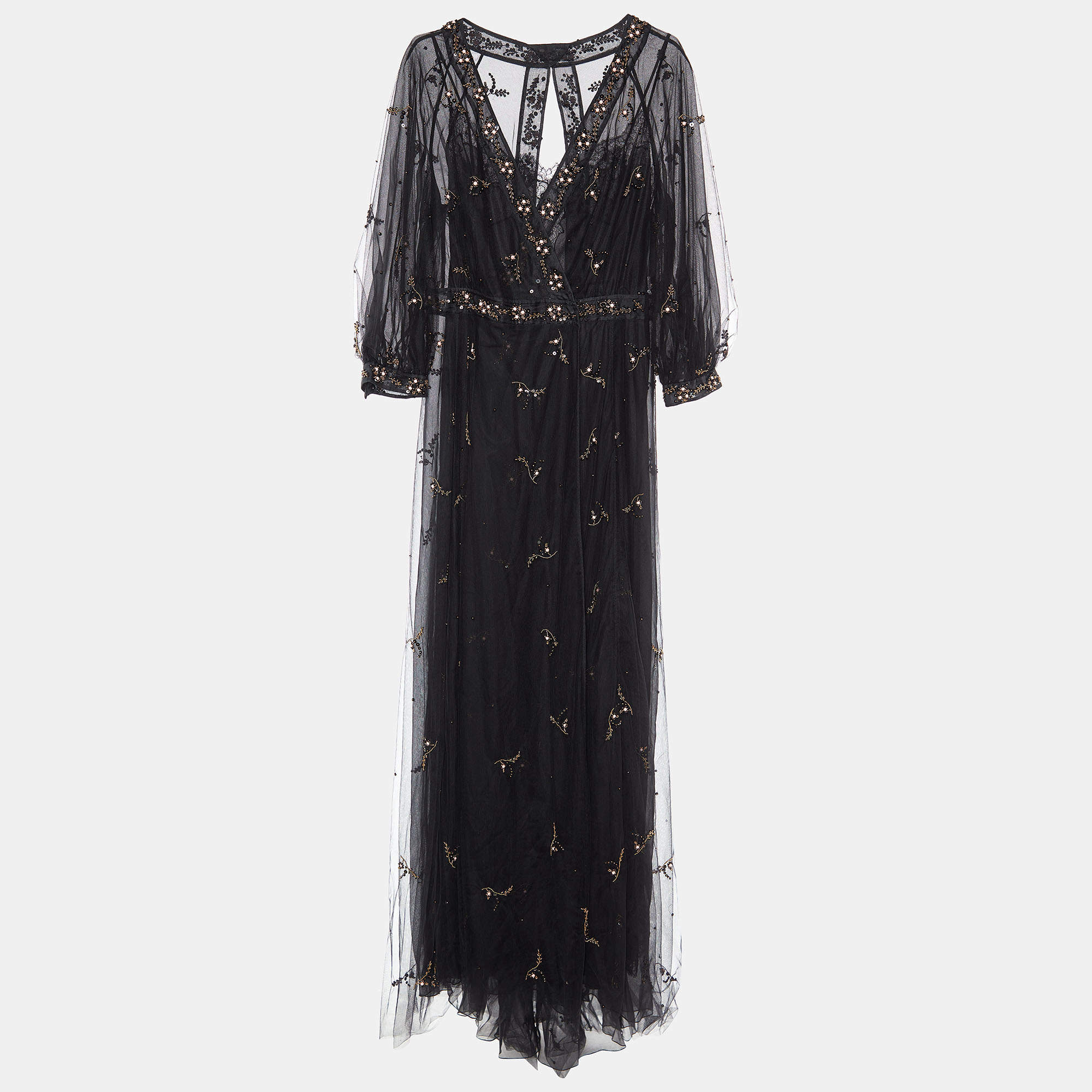 Pre Owned Valentino Black Embellished Tulle Faux Wrap Dress M