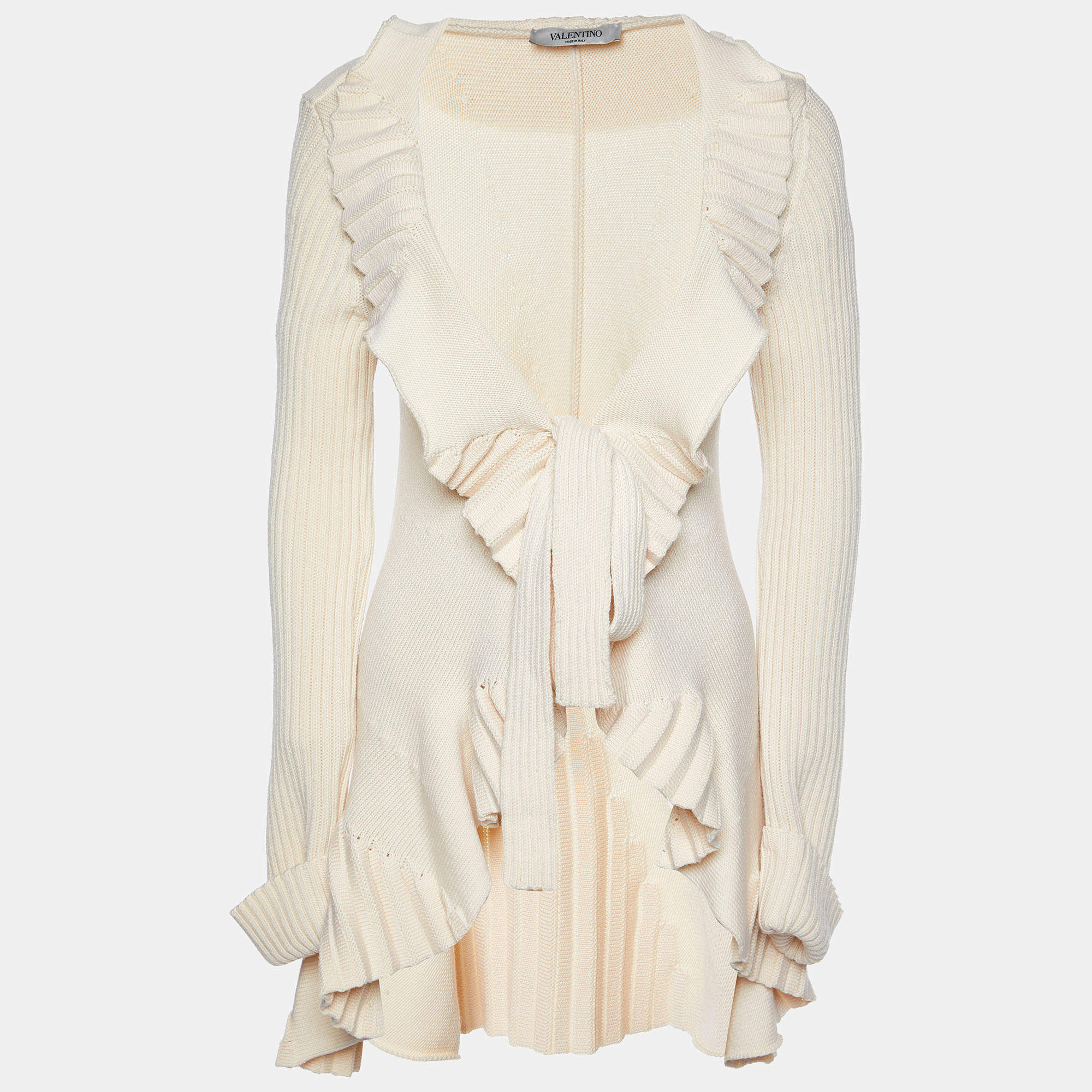 Pre Owned Valentino Cream Wool Knit Ruffled Tie Detail Long Shrug L