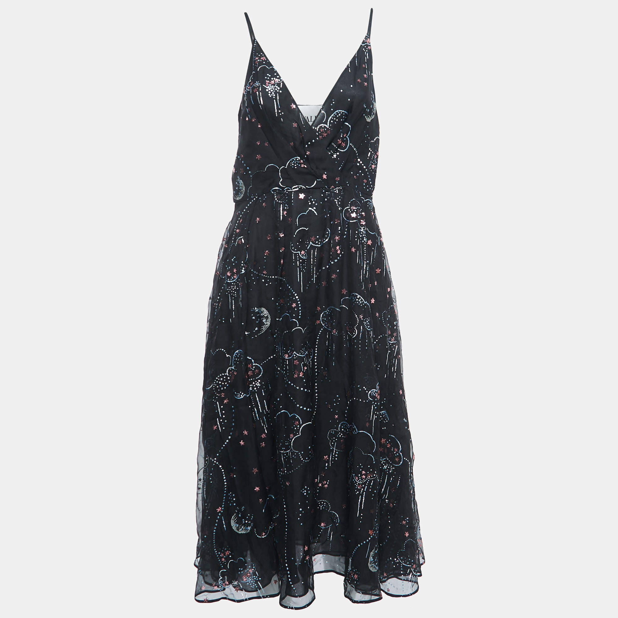 Valentino Black Embellished Glitter Clouds Patterned Silk Midi Wrap Dress M