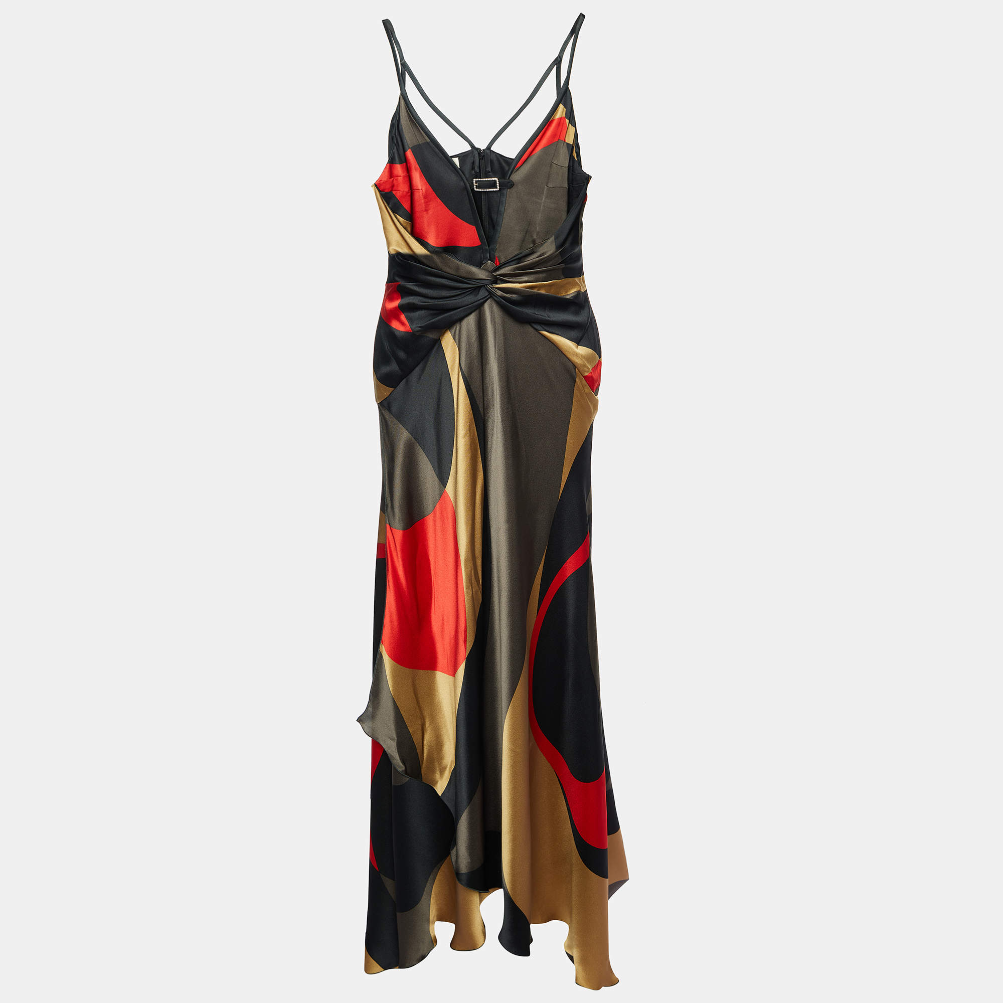 Pre Owned Valentino Multicolor printed Silk Satin Draped Gown L