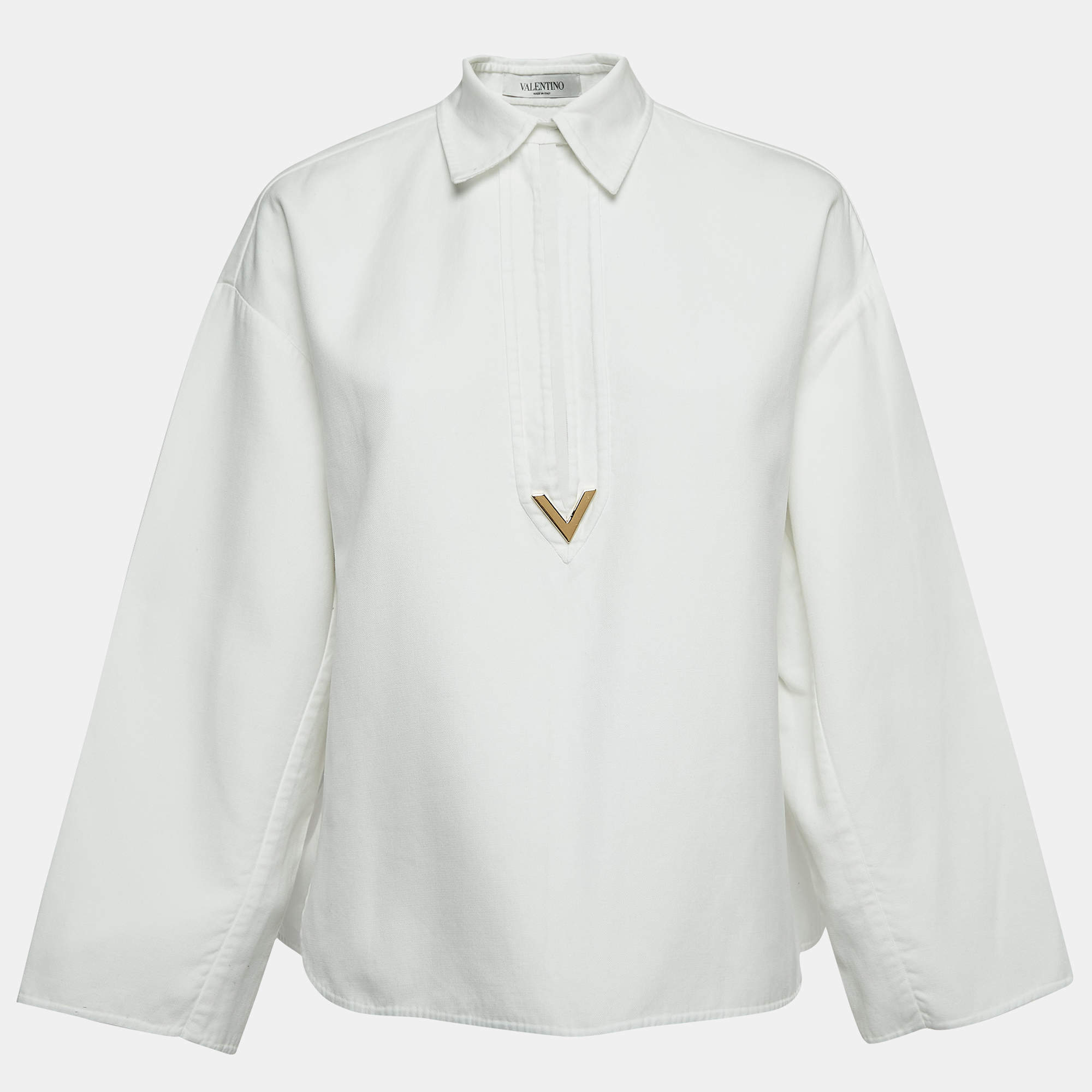Pre Owned Valentino White Cotton V Logo Detailed Long Sleeve Polo Top M