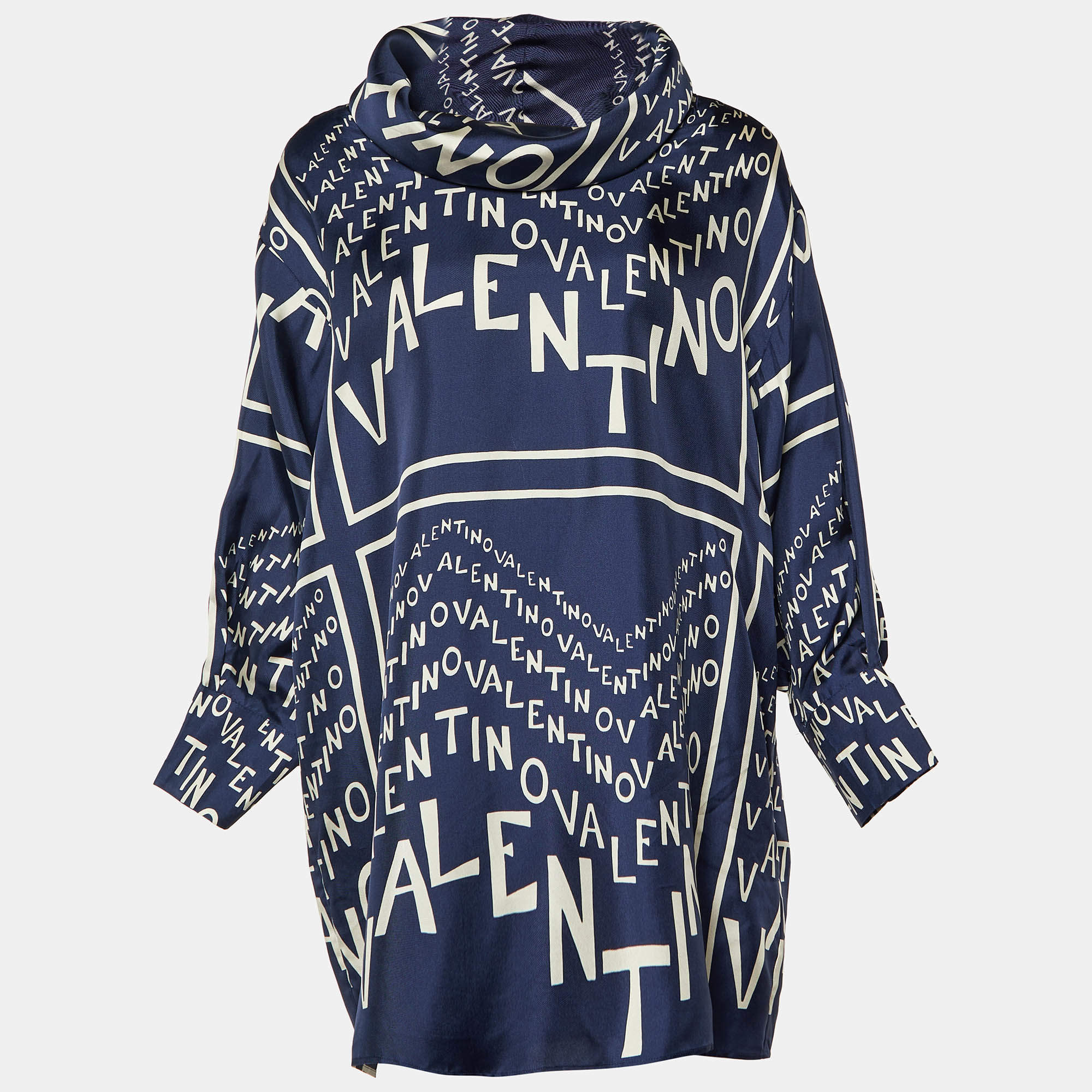 Pre Owned Valentino Navy Blue Logo Printed Silk Oversized Neck Detail Top L