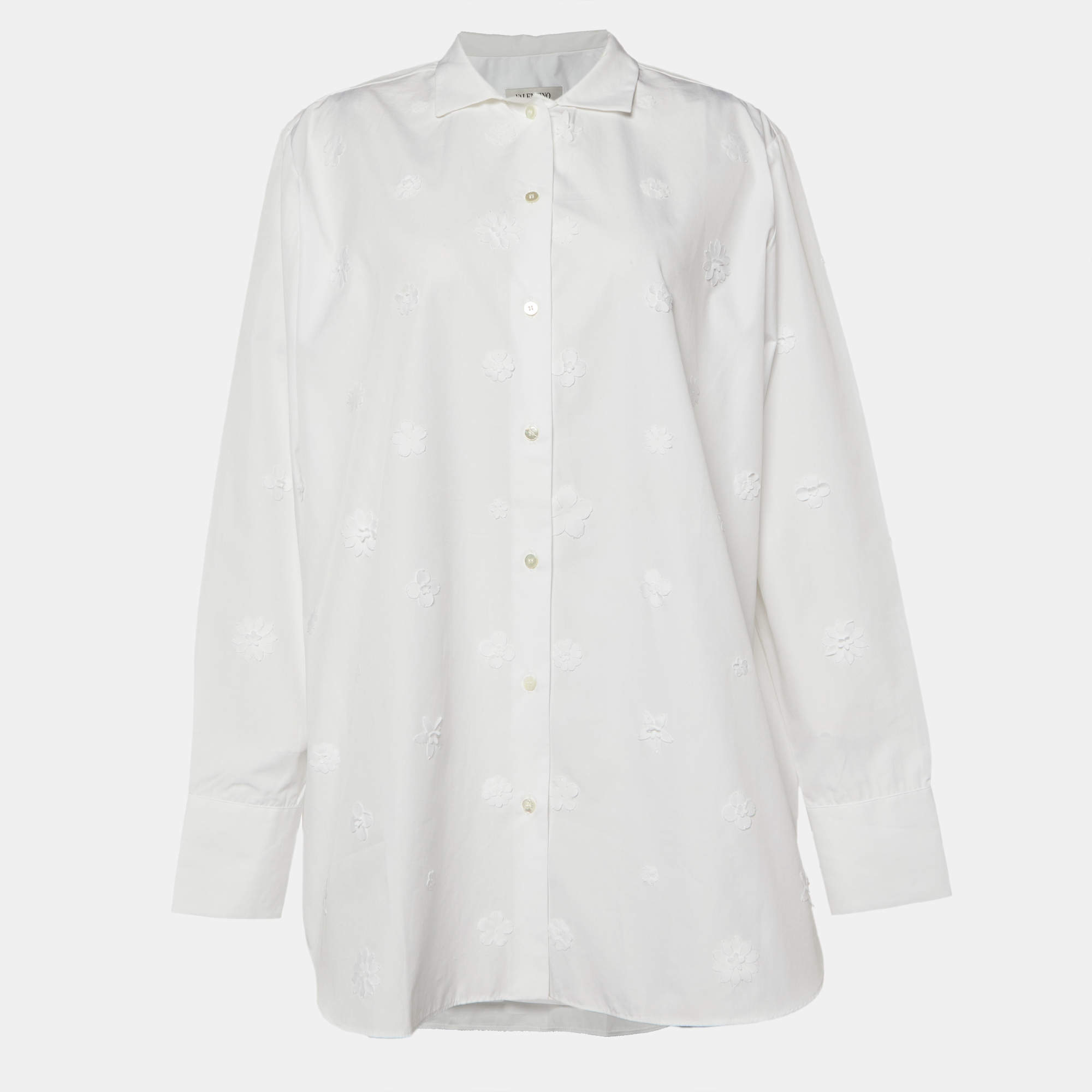 Pre Owned Valentino White Floral Applique Cotton Shirt L