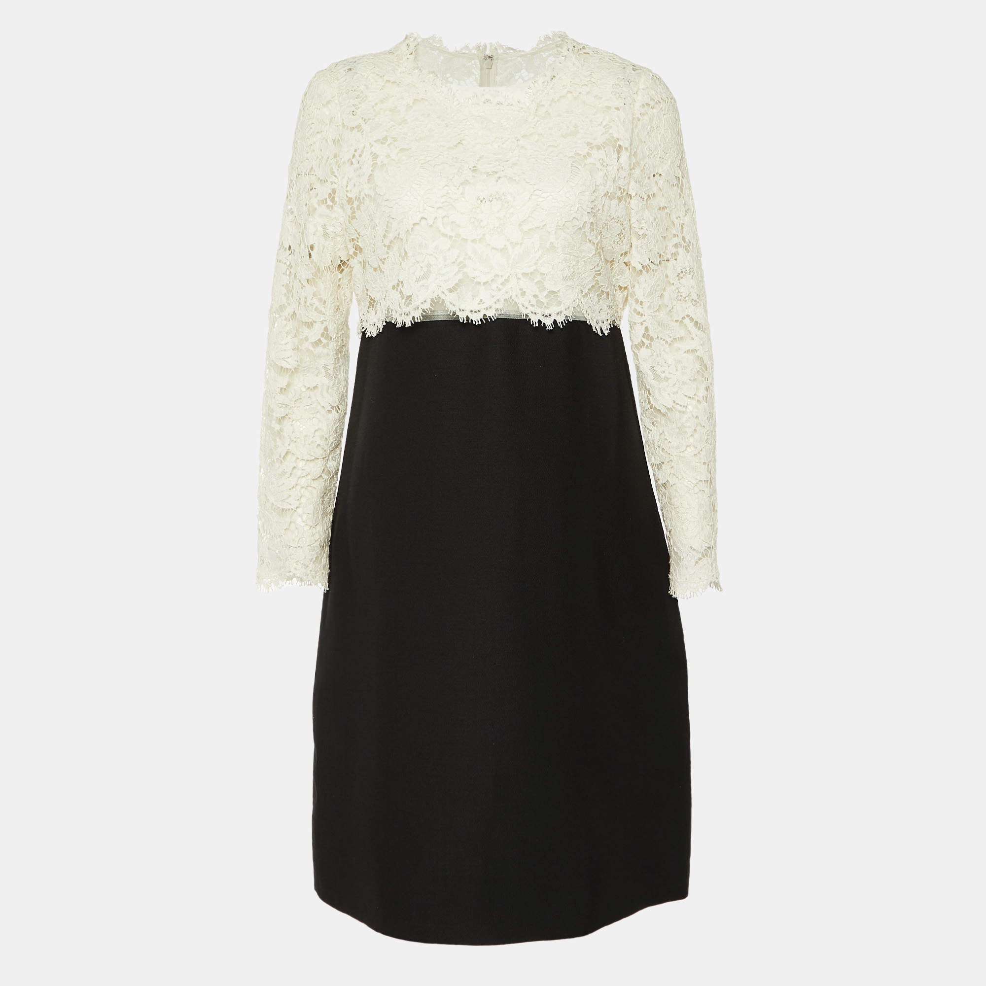 Pre Owned Valentino White Lace & Black Crepe Midi Dress L