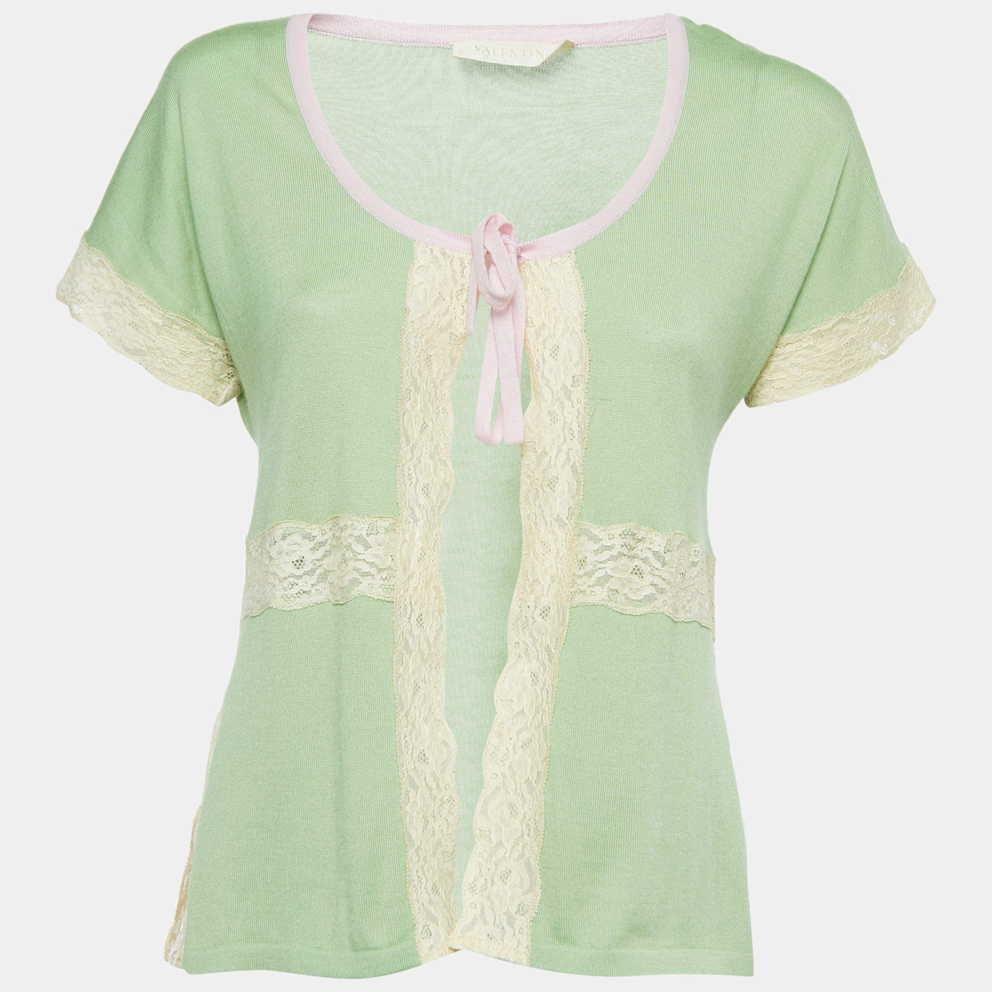 Pre Owned Valentino Green Cashmere Blend Lace Trimmed Short Sleeve Cardigan M