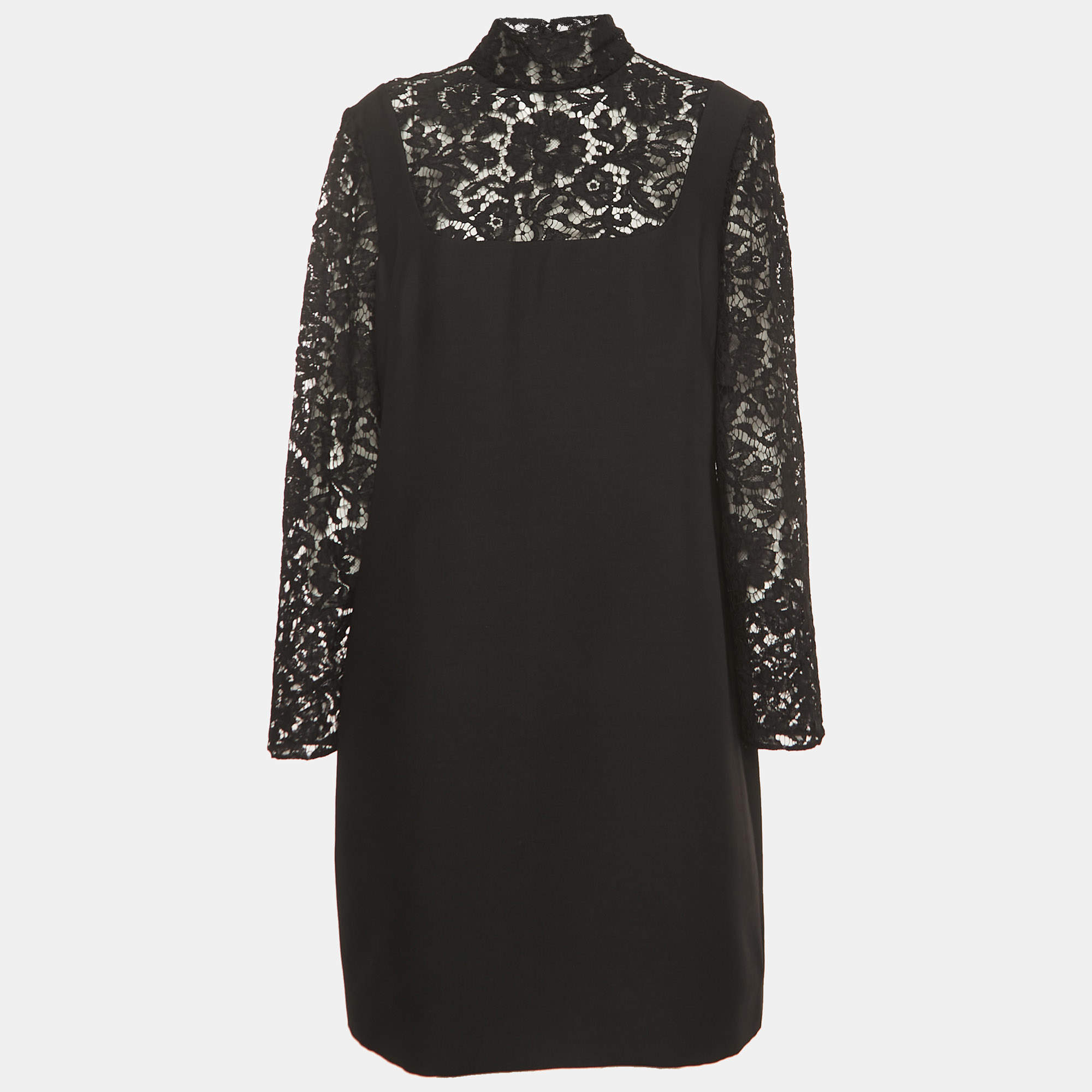 Pre Owned Valentino Black Wool Blend Lace Trimmed Turtle Neck Mini Dress XL