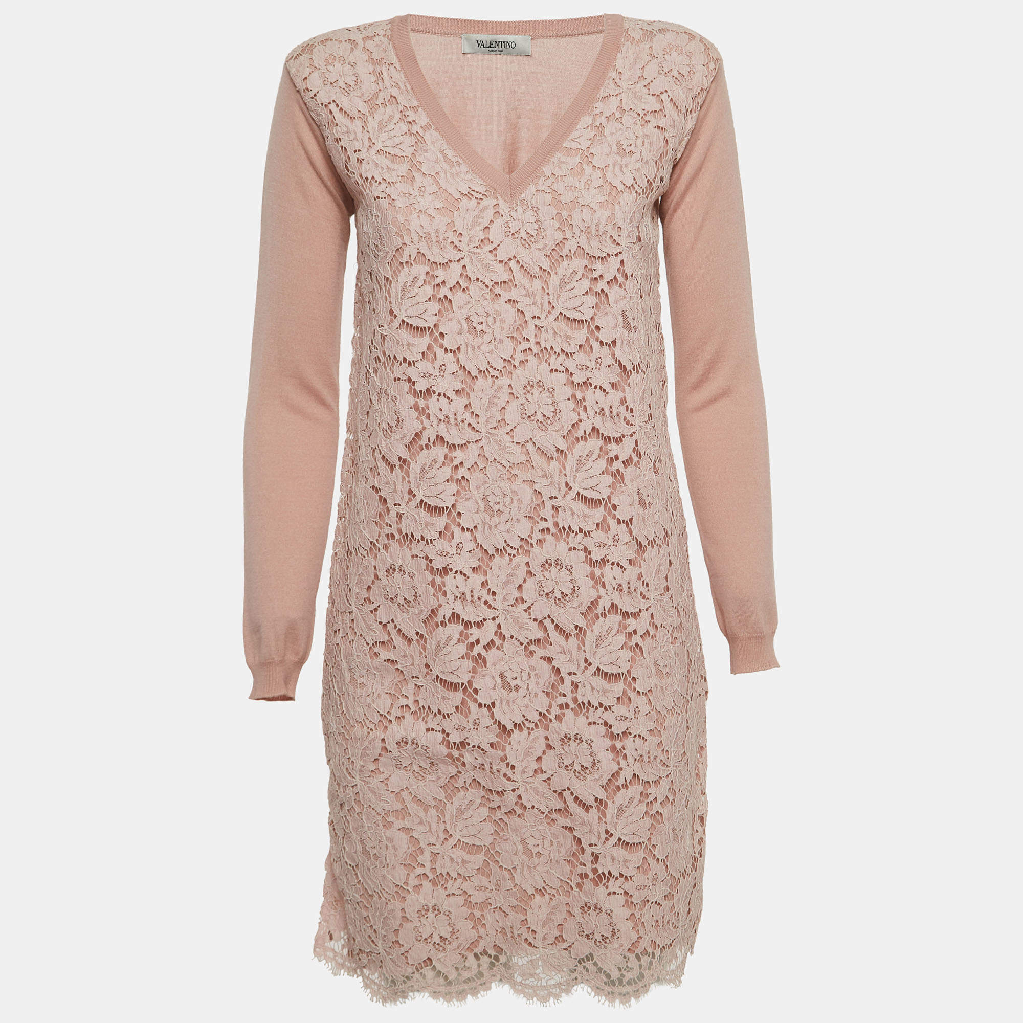 Pre Owned Valentino Pale Pink Floral Lace & Wool Knit Long Sleeve Dress S