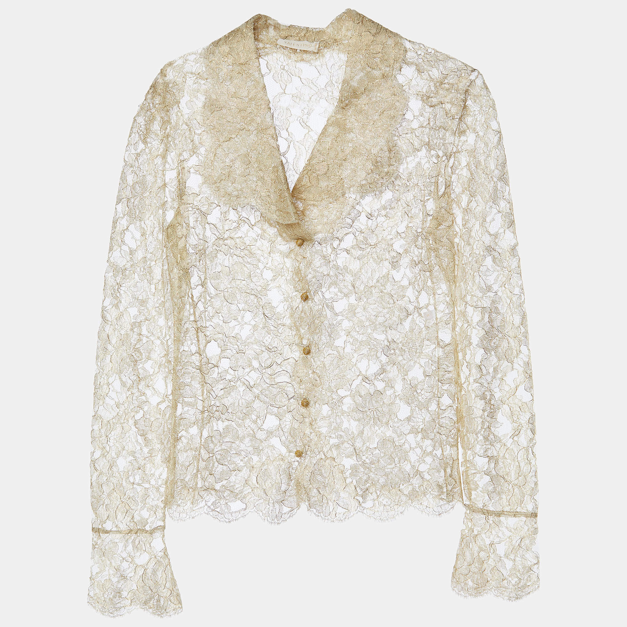 Pre Owned Valentino Gold Floral Lace Buttoned Lace Blouse M