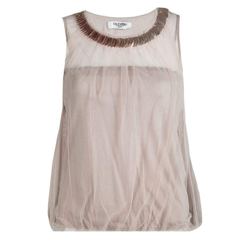 Valentino Beige Embellished Neck Detail Mesh Overlay Sleeveless Top S