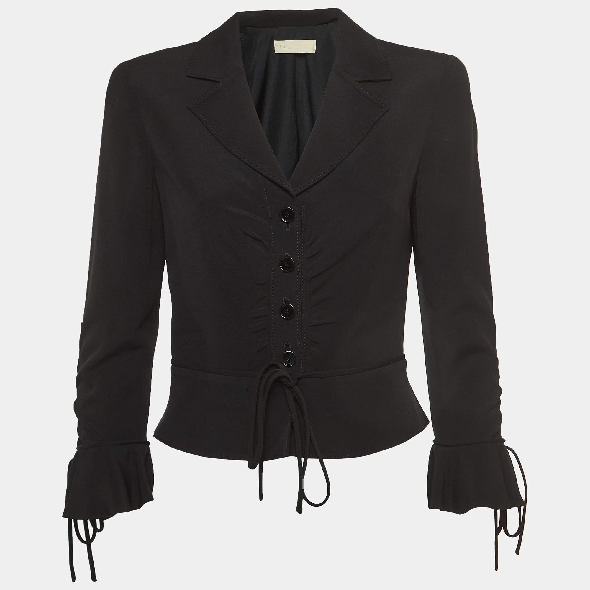 Valentino Vintage Black Crepe Tie-Up Flared Sleeve Cropped Blazer M