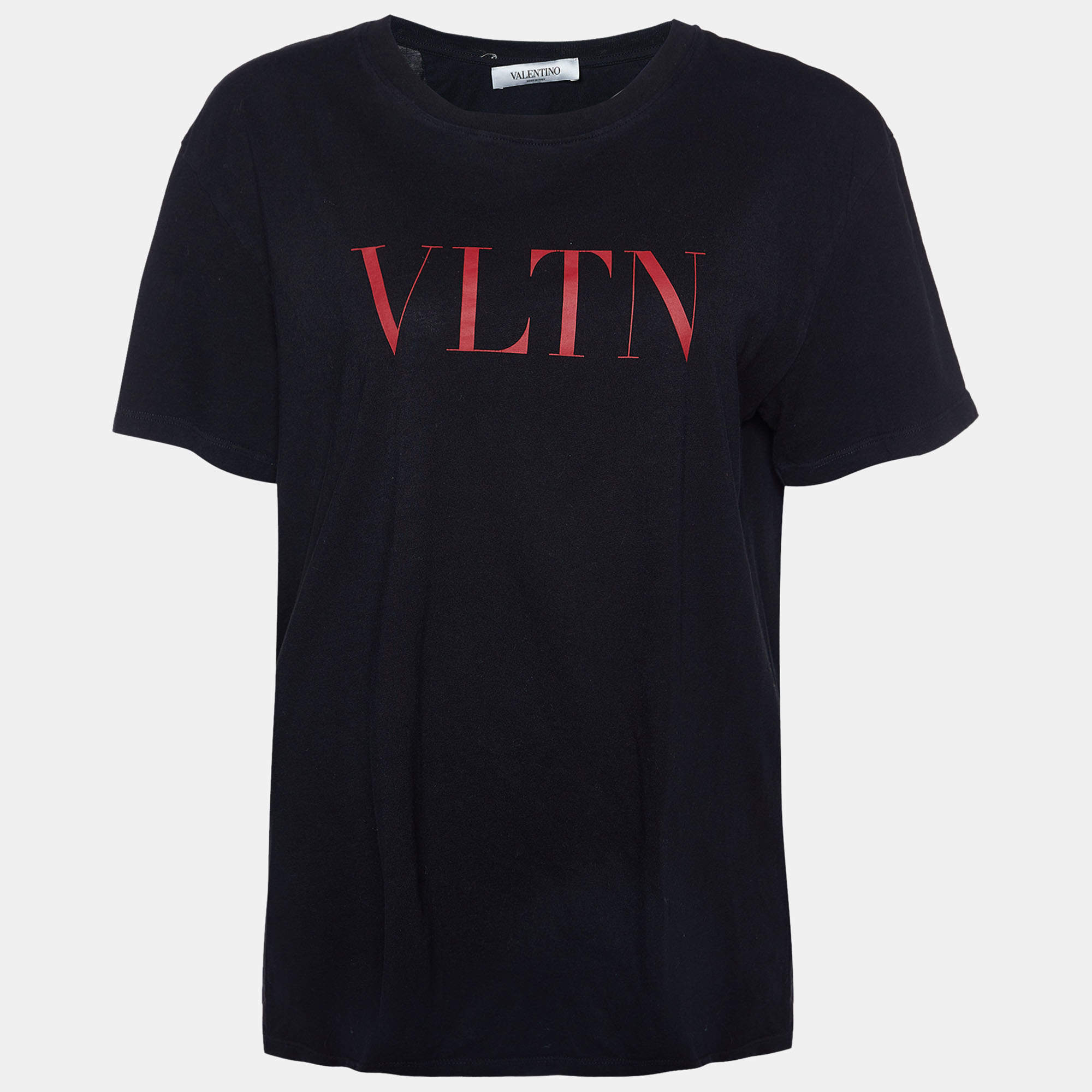 Pre Owned Valentino Black VLTN Print Cotton Crew Neck T-Shirt M